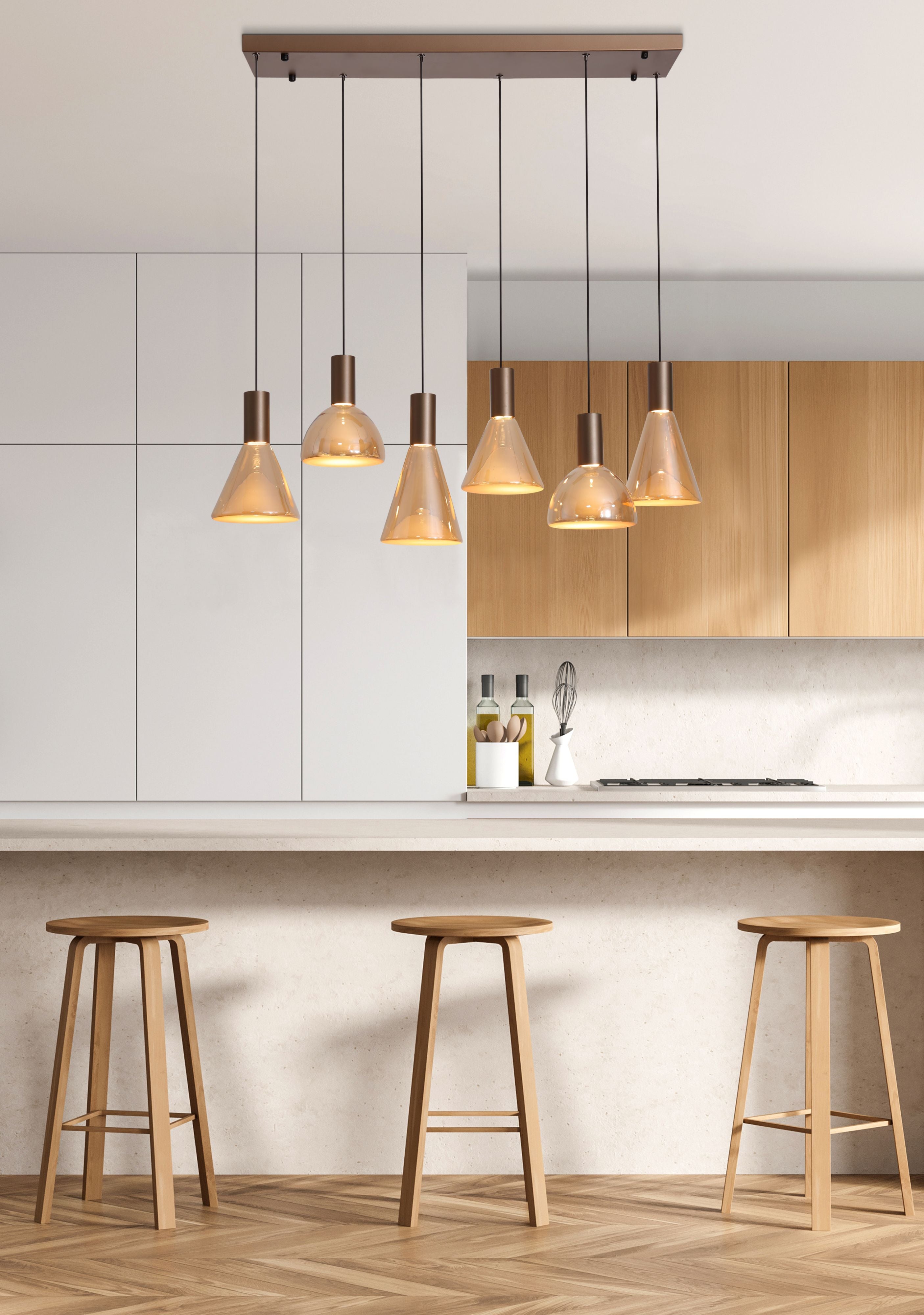 Searchlight Cannes LED 6 Light Pendant styled above a kitchen breakfast bar with wooden stools, six amber glass shades lit at staggered heights