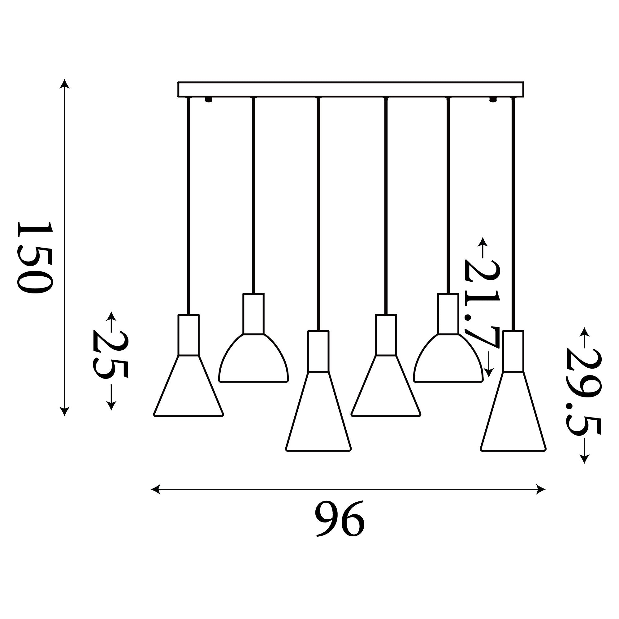 Technical line drawing of the Searchlight Cannes LED 6 Light Pendant showing a bar length of 96cm, total height of 150cm and shade heights of 25cm and 29.5cm