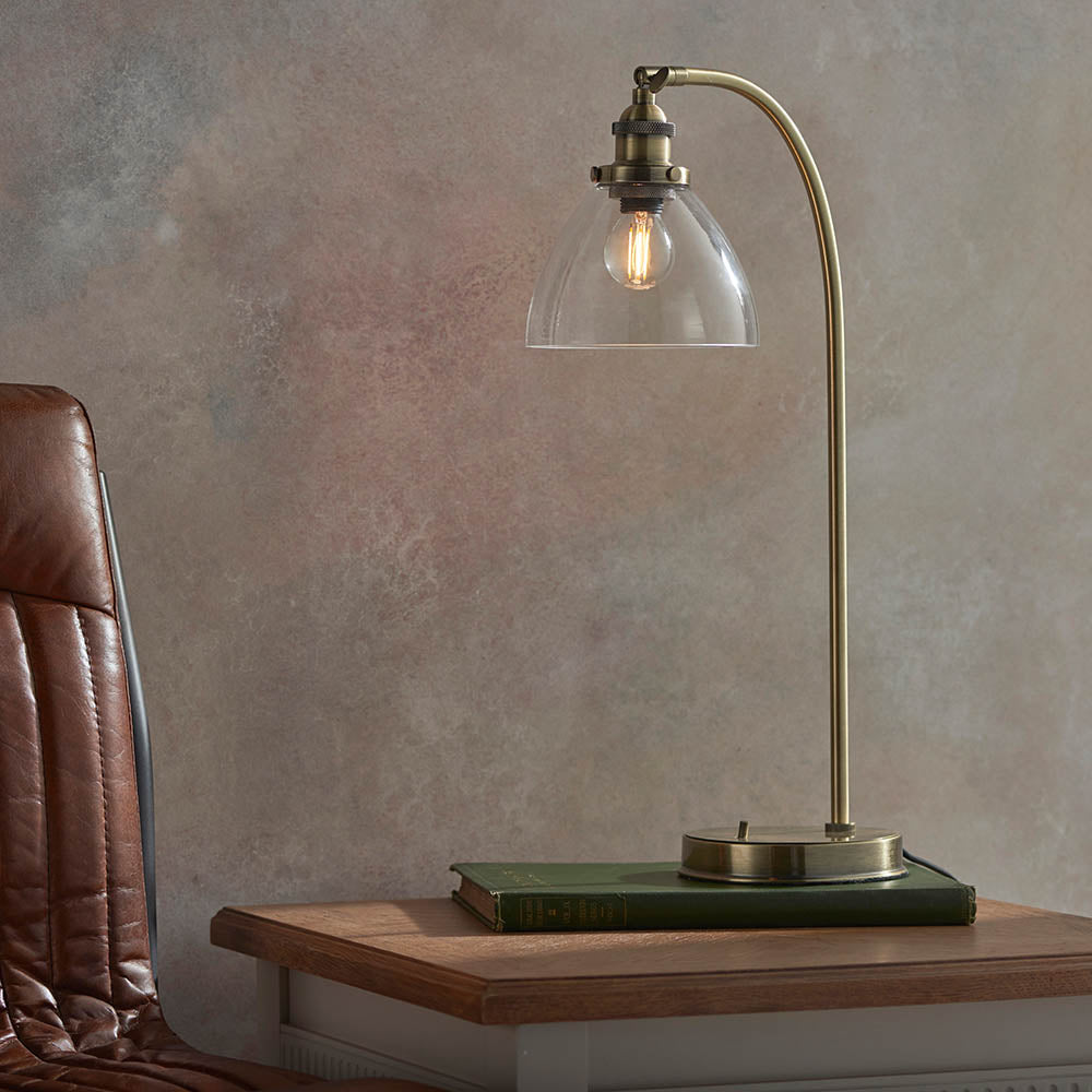 Endon Hansen Single Light Table Lamp - Antique Brass Plate & Clear Glass