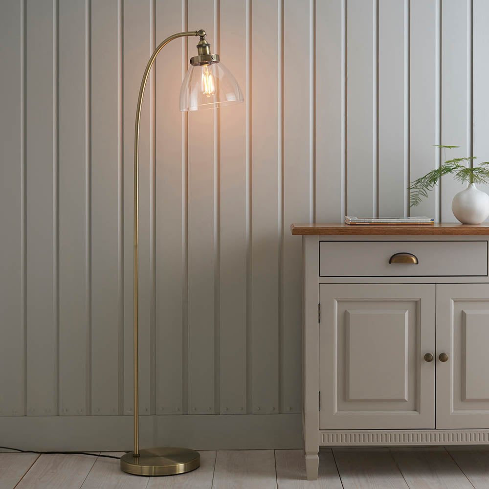 Endon Hansen Single Light Floor Lamp - Antique Brass Plate & Clear Glass