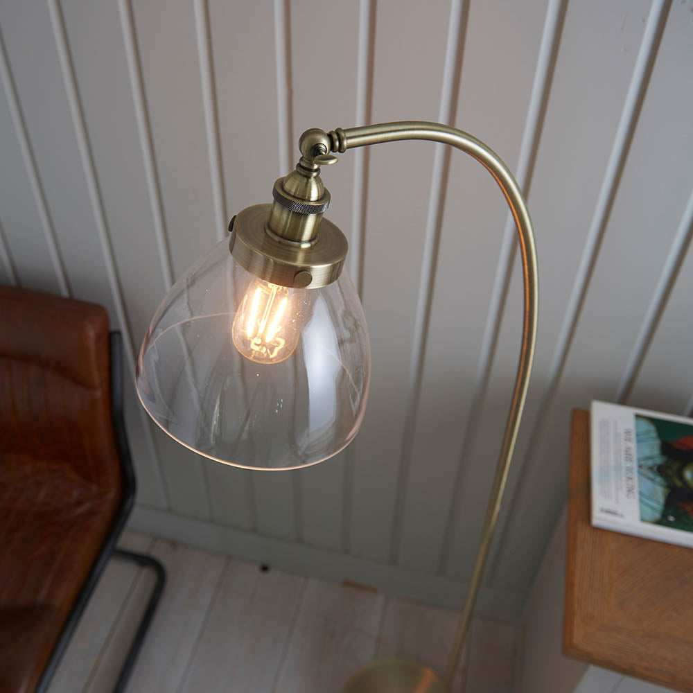 Endon Hansen Single Light Floor Lamp - Antique Brass Plate & Clear Glass