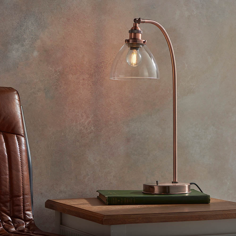 Endon Hansen Single Light Table Lamp - Aged Copper Plate & Clear Glass