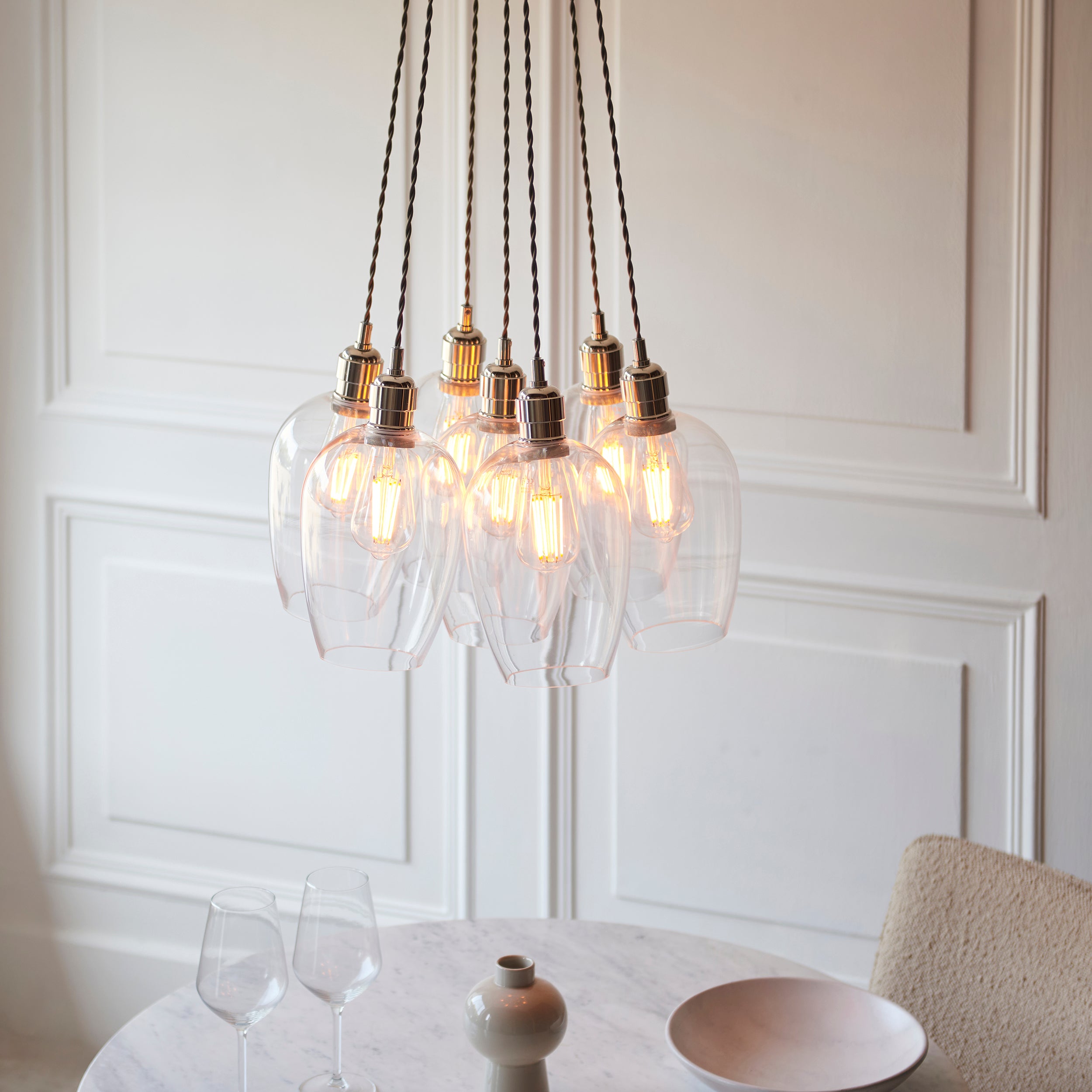 Utopia Finesse 7 Light Cluster Ceiling Pendant - Bright Nickel & Clear Glass