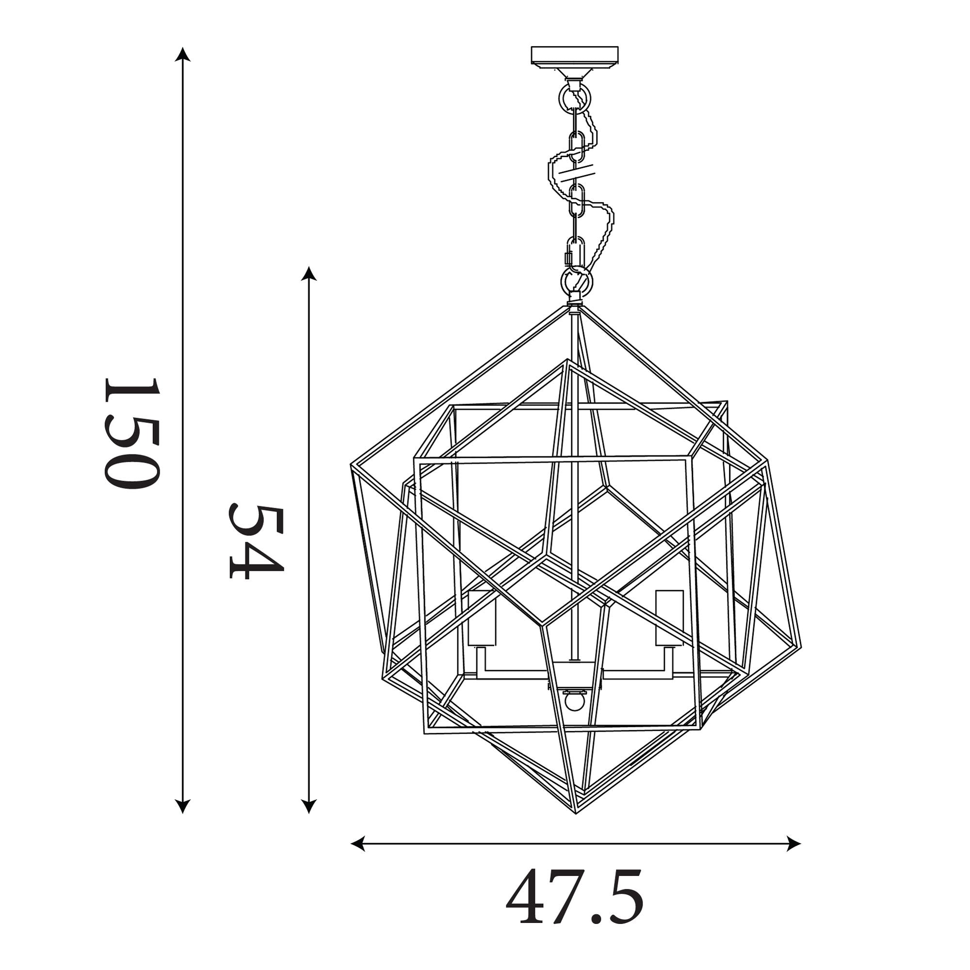 Dimension diagram of the Cube 3 light pendant, 47.5cm wide and 54cm cage height on a 150cm chain drop