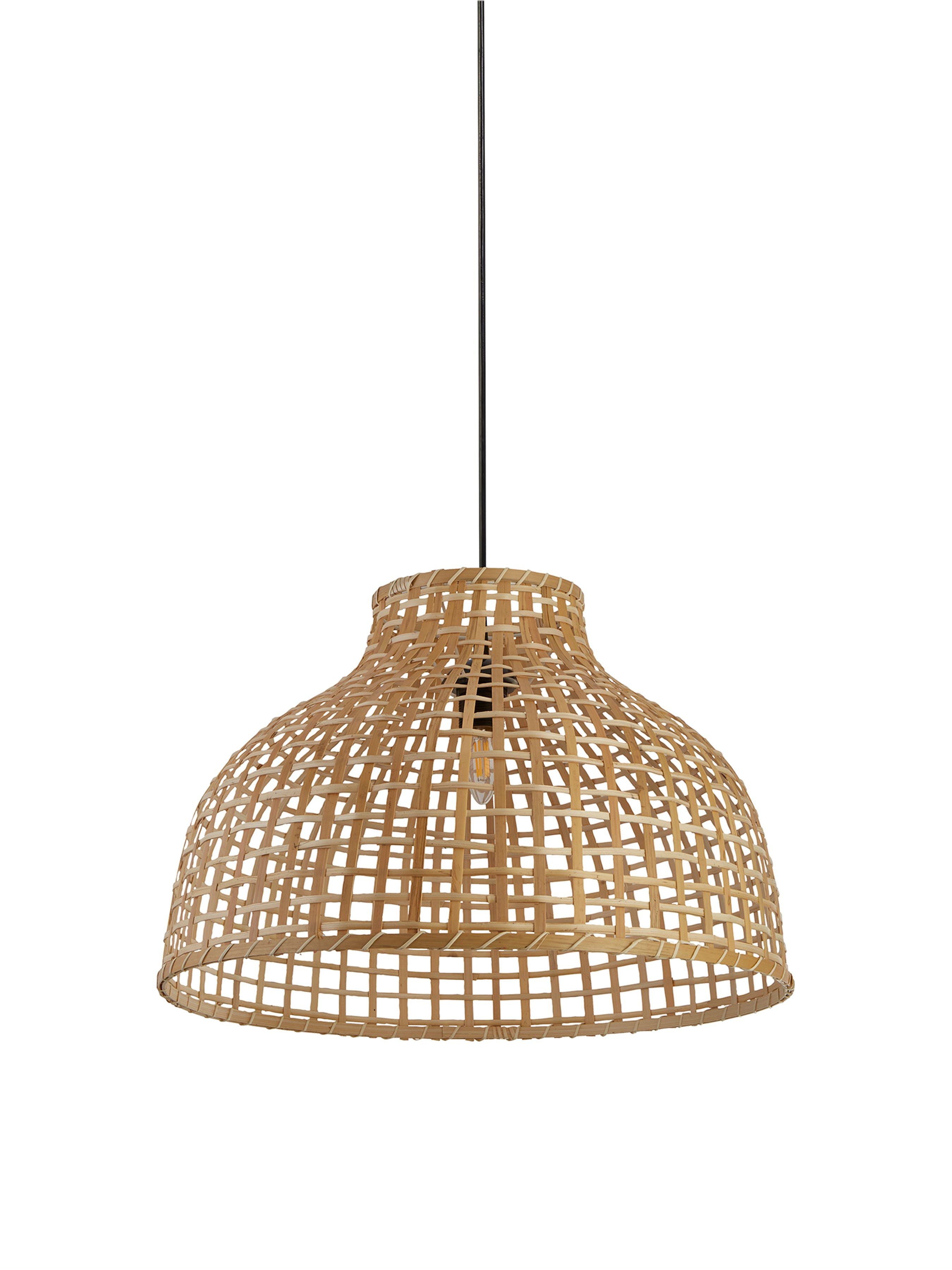 Searchlight Bali Pendant in bamboo, 52cm domed woven shade hanging from a black cable, studio shot on white background showing the bulb through the open weave
