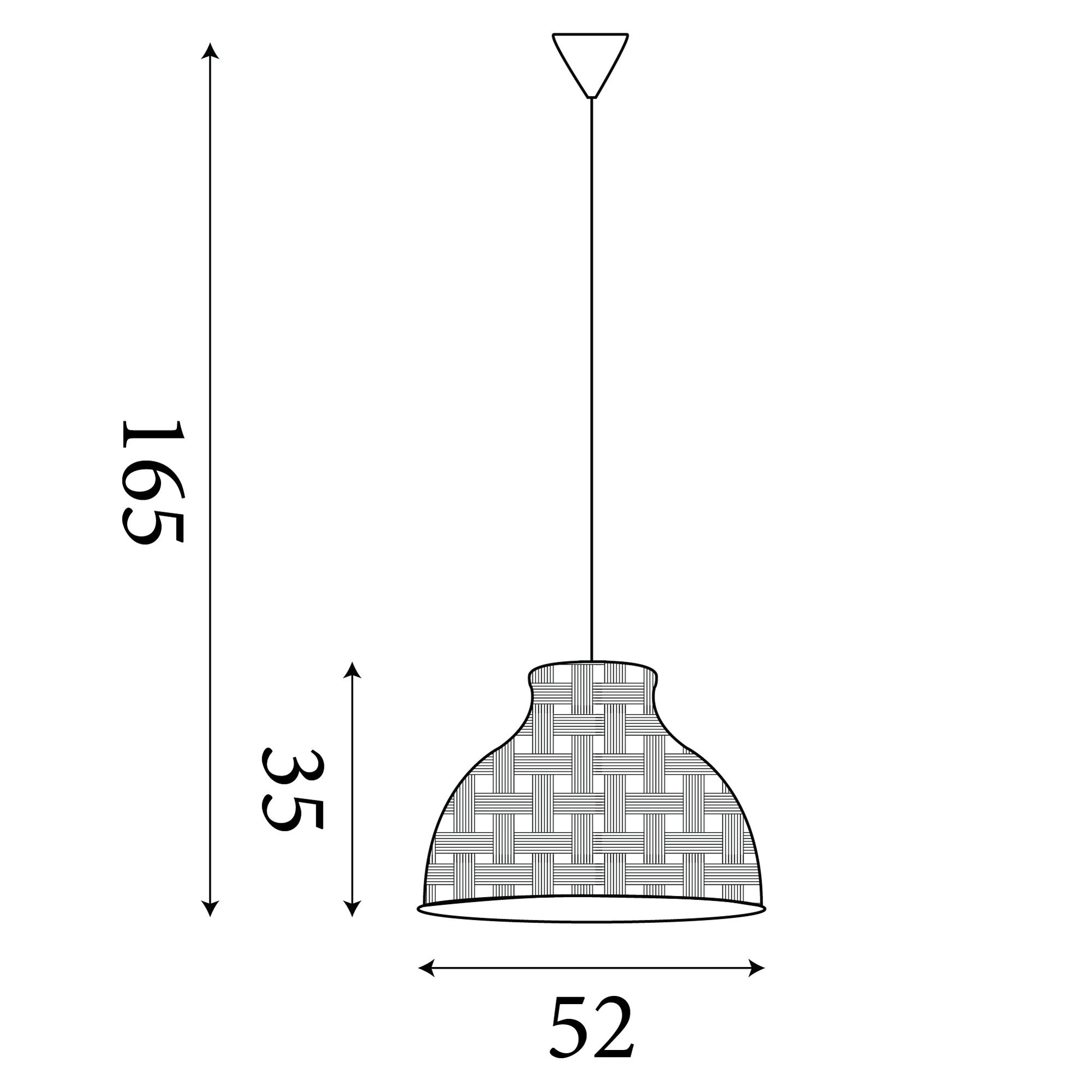 Technical line drawing of the Bali Pendant showing a 52cm shade width, 35cm shade height and 165cm maximum drop