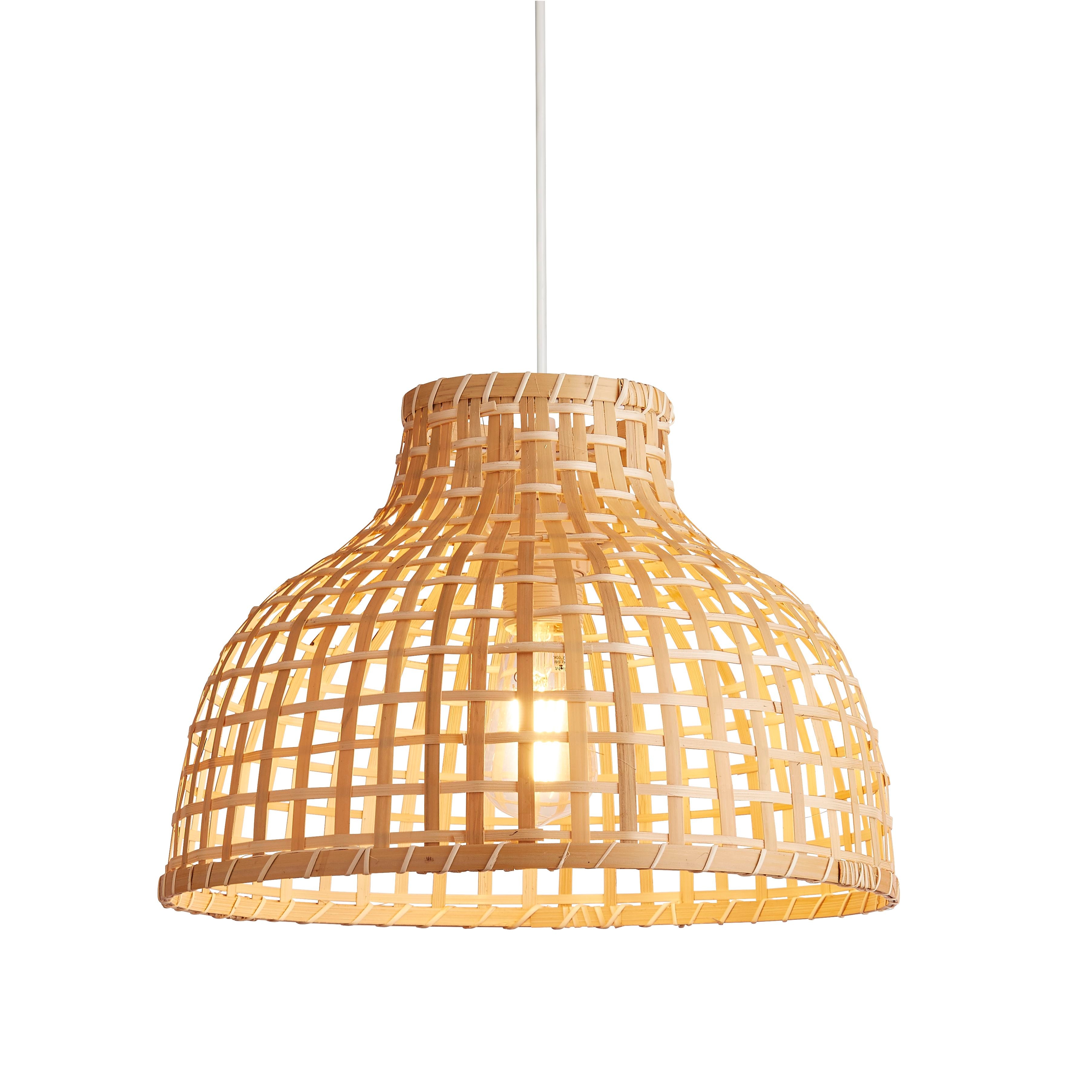 Searchlight Bali Pendant in bamboo, compact domed woven shade hanging from a white cable, studio shot on white background showing the bulb through the open weave