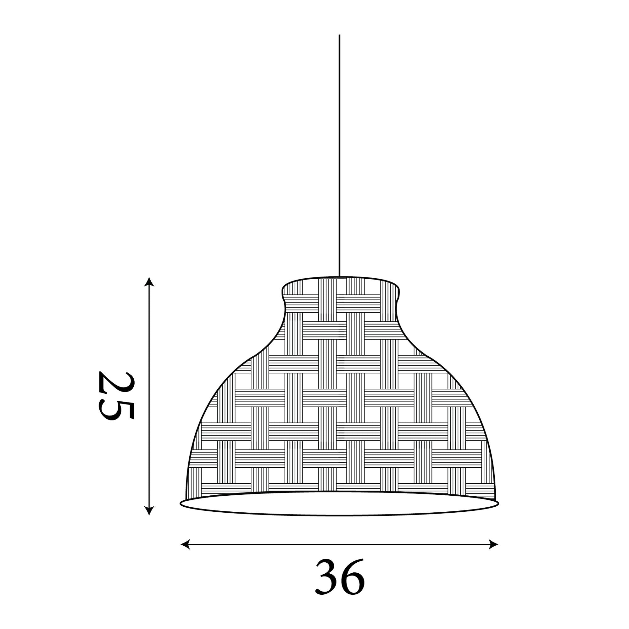 Technical line drawing of the Bali Pendant showing a 36cm shade width, 25cm shade height and 165cm maximum drop