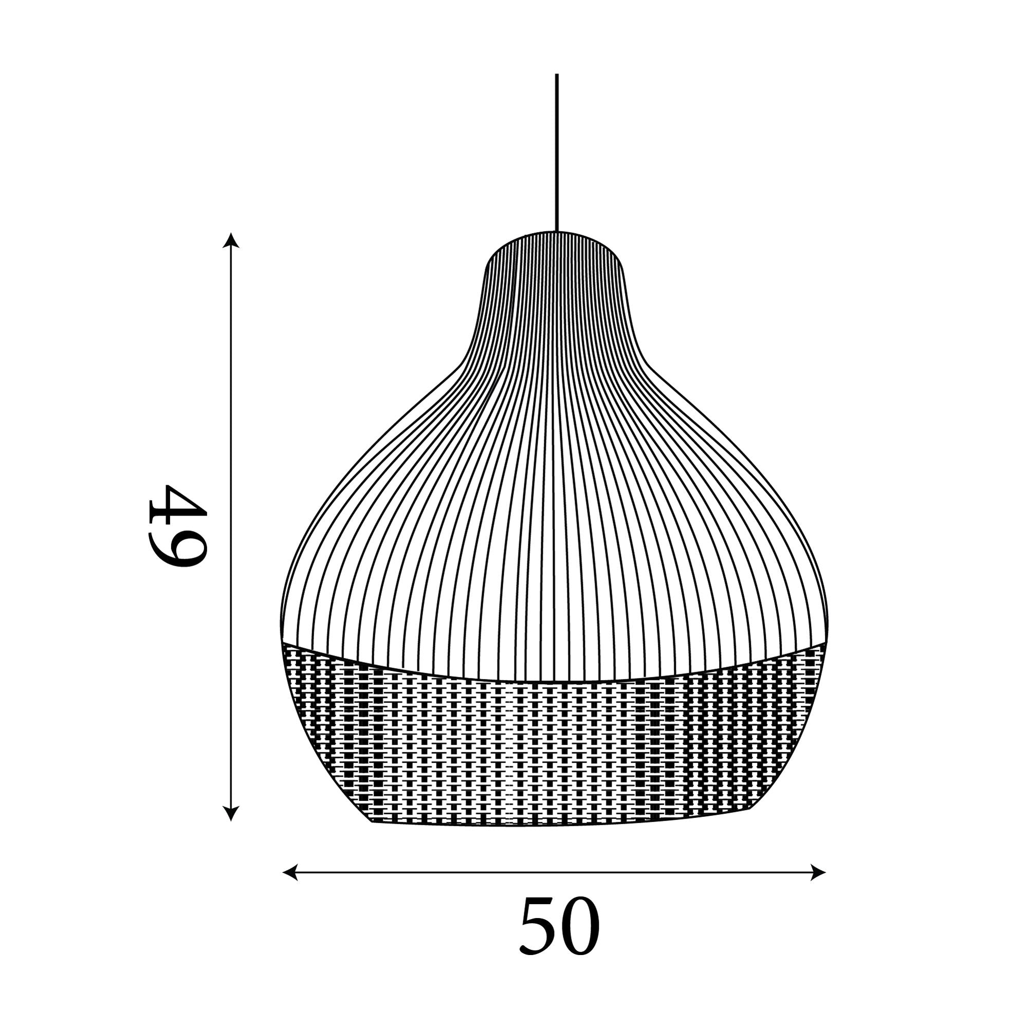 Technical line drawing of the Bali pendant showing dimensions of 49cm height and 50cm width