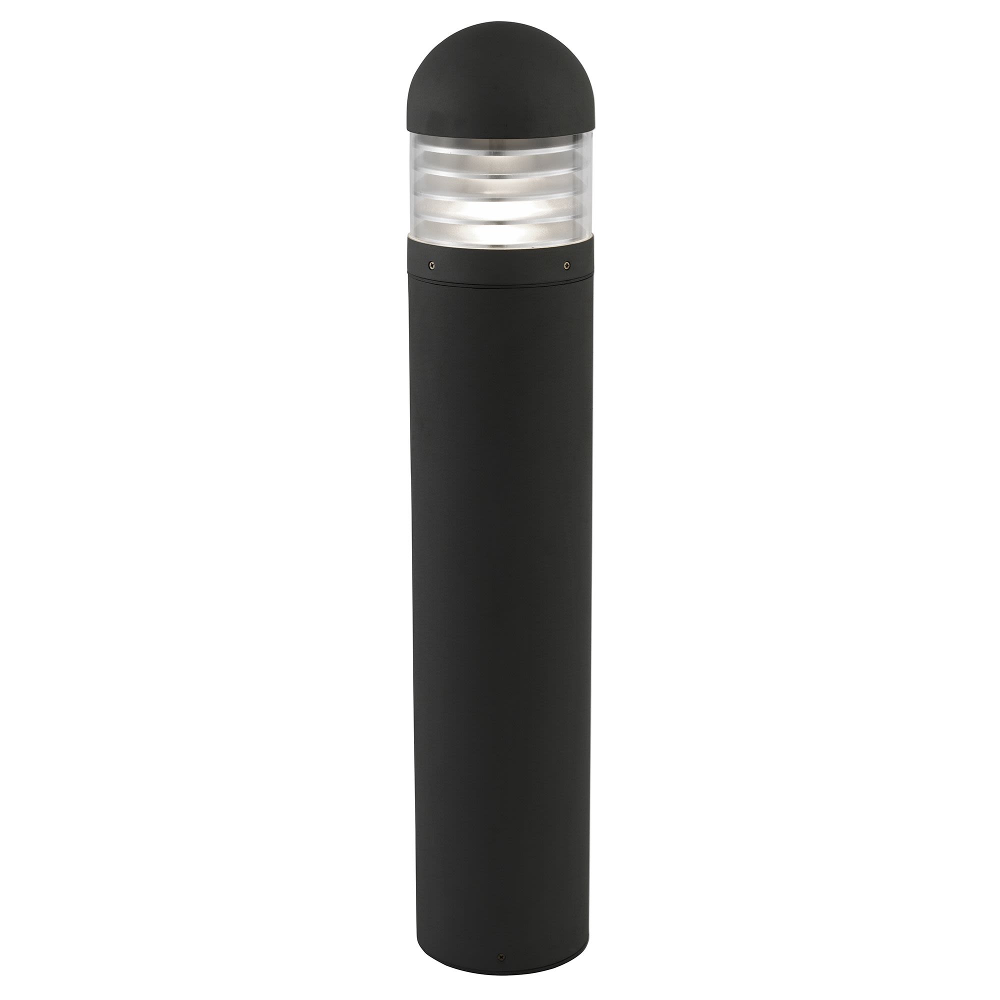 Searchlight Bronx outdoor post light in black, studio shot showing the tall cylindrical body and domed cap from a front angle