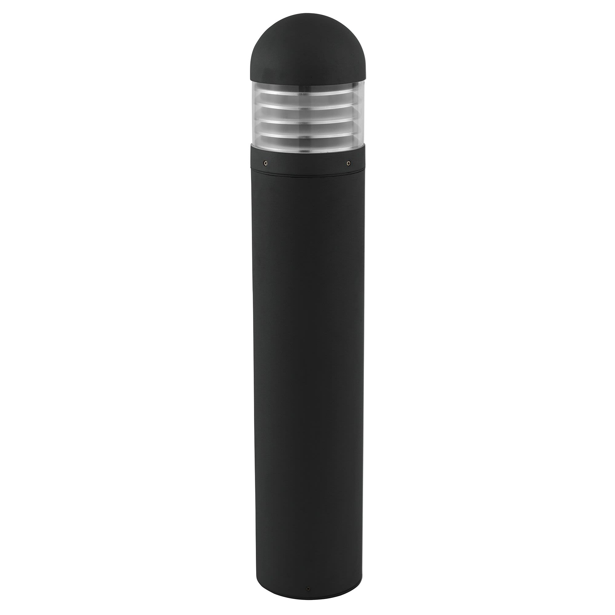 Searchlight Bronx outdoor post light in black, studio shot from a slightly turned angle showing the ribbed lens band near the top