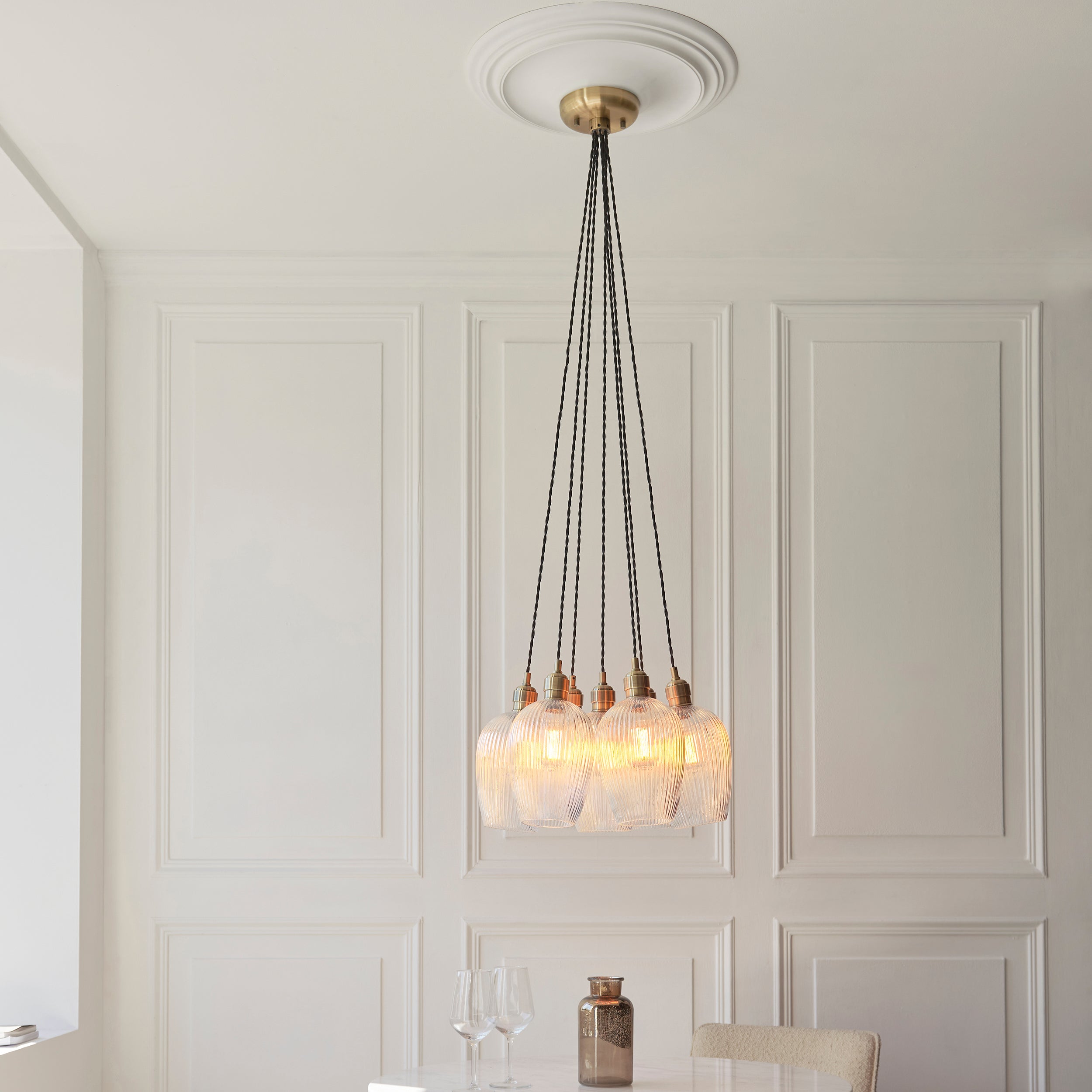 Utopia Finesse 7 Light Cluster Ceiling Pendant - Antique Brass & Clear Ribbed Glass