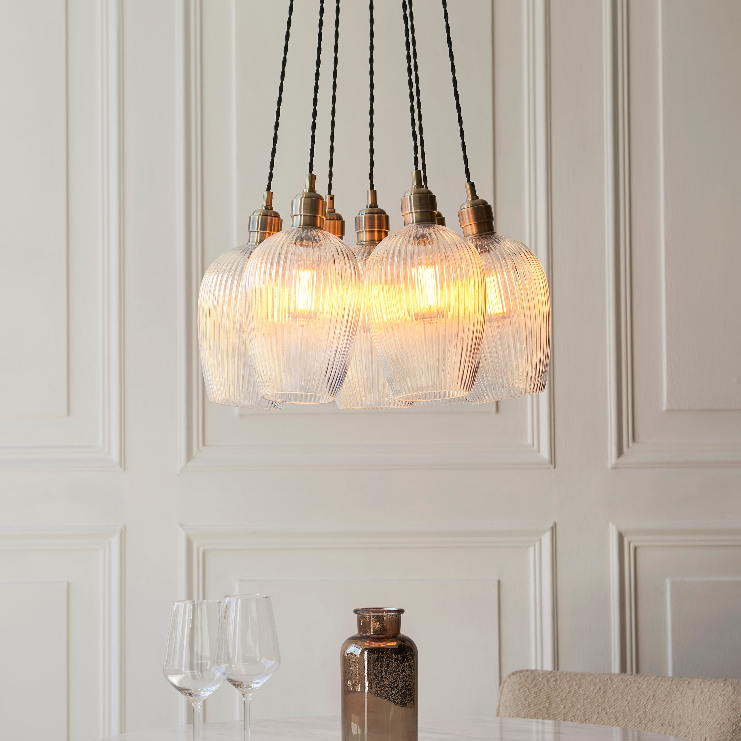Utopia Finesse 7 Light Cluster Ceiling Pendant - Antique Brass & Clear Ribbed Glass