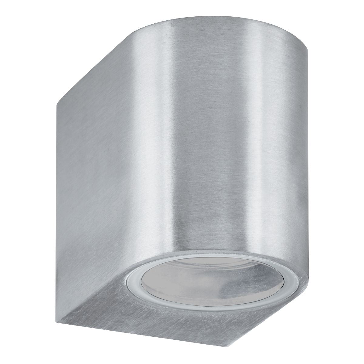 Angled view of the Eiffel satin silver outdoor wall light showing its brushed aluminium finish