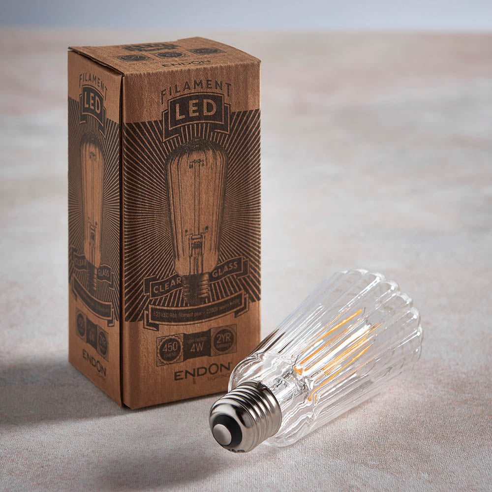 Endon Ribb Pear Single E27 LED 4W Bulb - 2200K - Non-Dimmable - Clear Glass