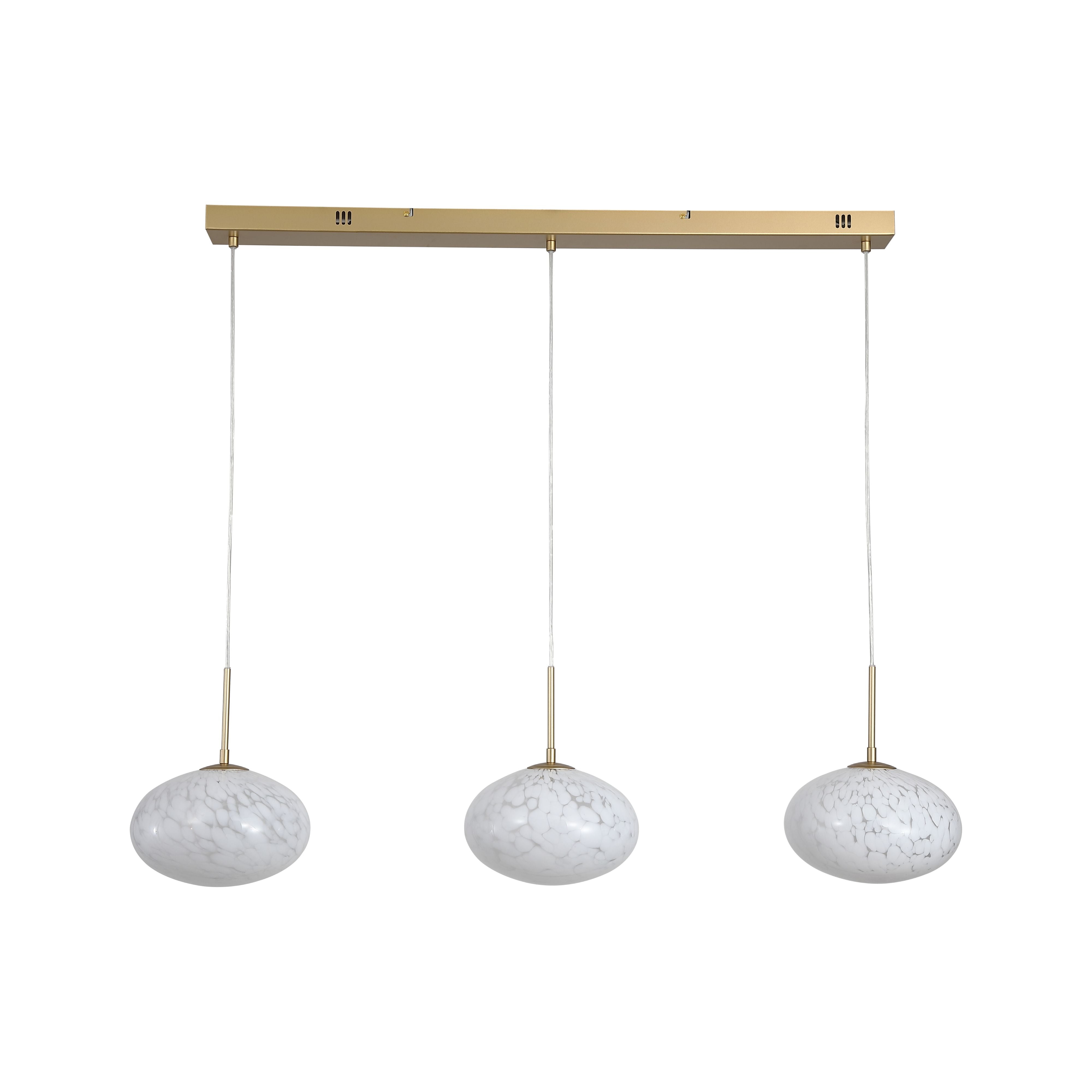 Searchlight Confetti LED Bar Pendant in gold with three confetti glass shades, full length studio shot on a white background - view 2