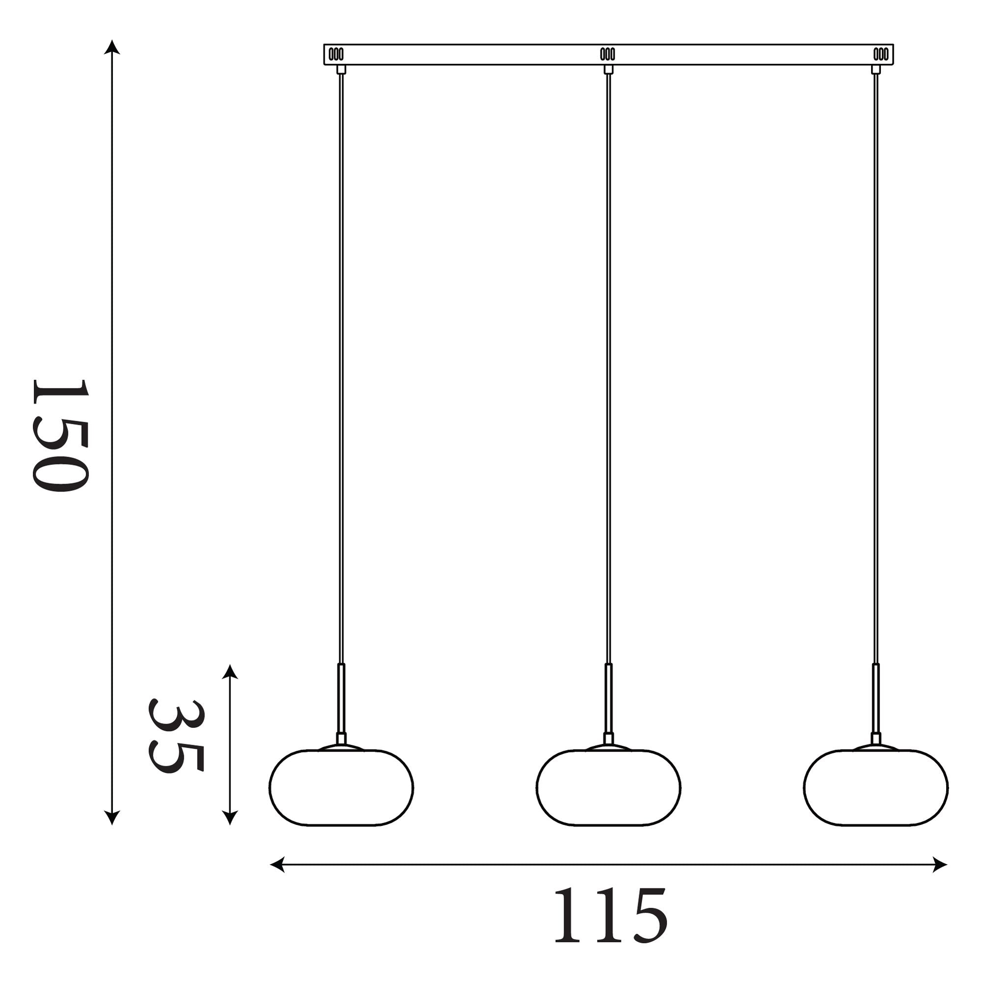 Dimension diagram of the Searchlight Confetti LED Bar Pendant showing a 115cm bar, 150cm maximum drop and 25cm wide shades