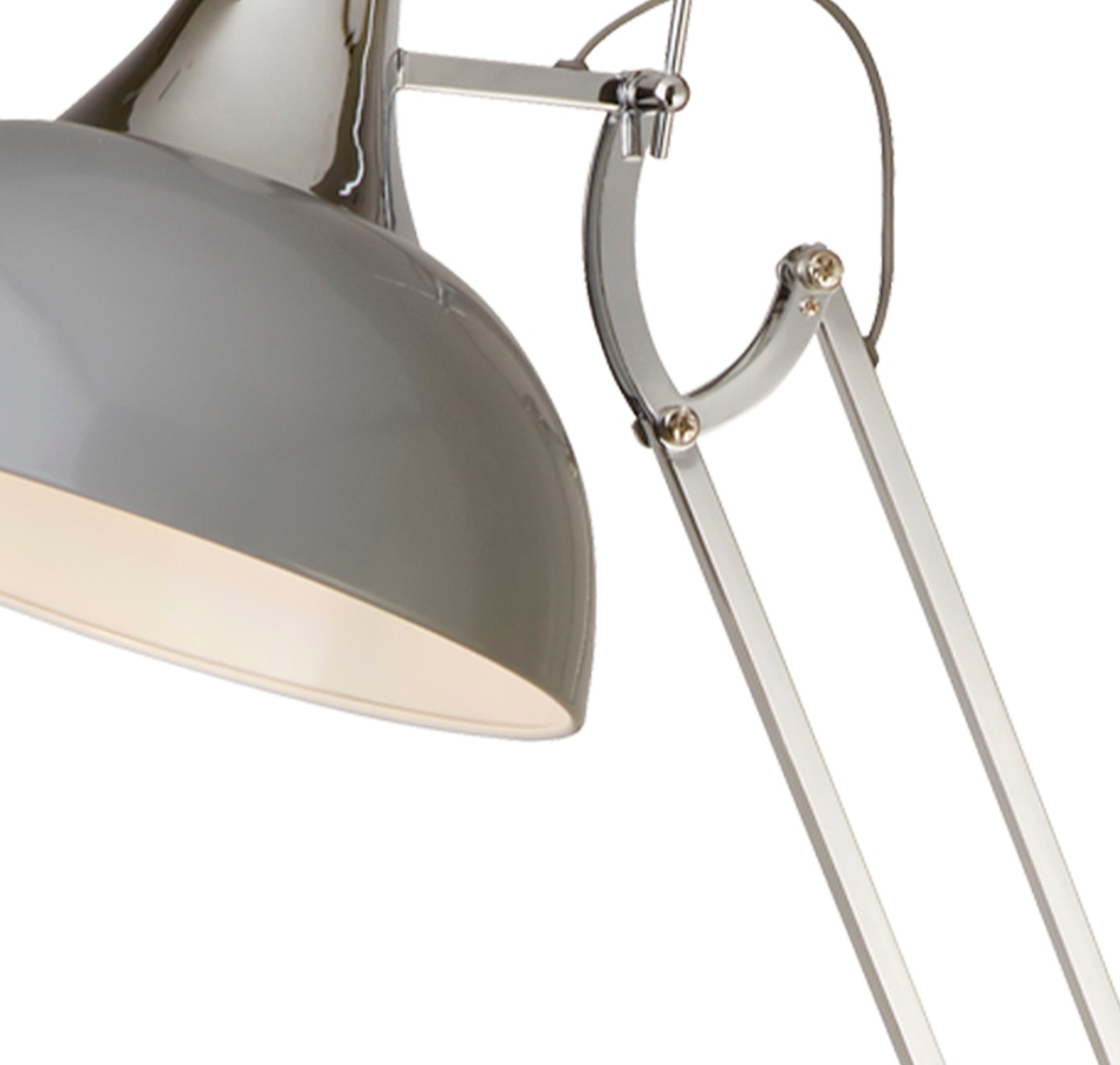 Close up of the Goliath Task Lamp shade and chrome joint mechanism showing the spring and hinge detail