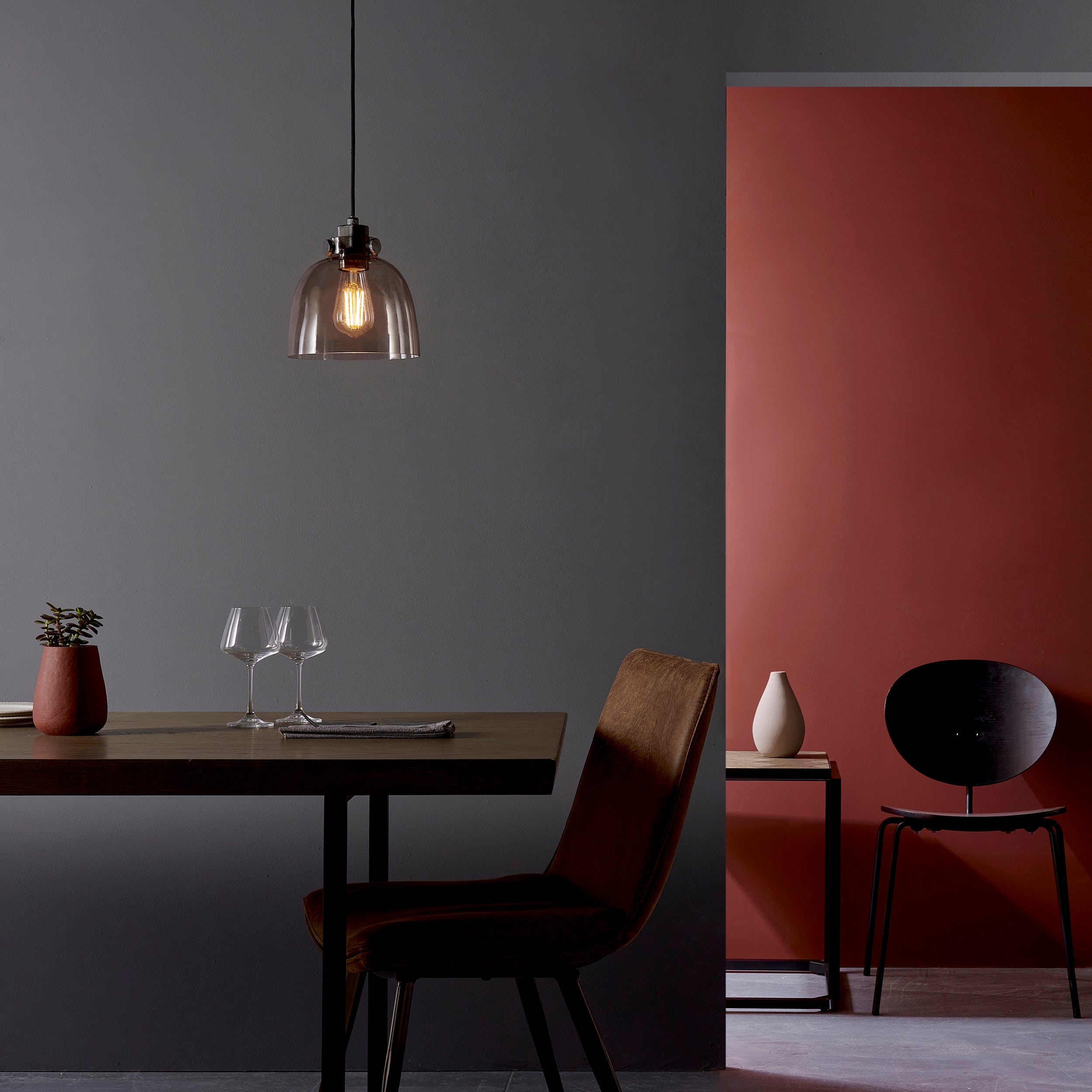 Endon Metallic Single Pendant - Black Chrome With Smoked Grey Tinted Glass