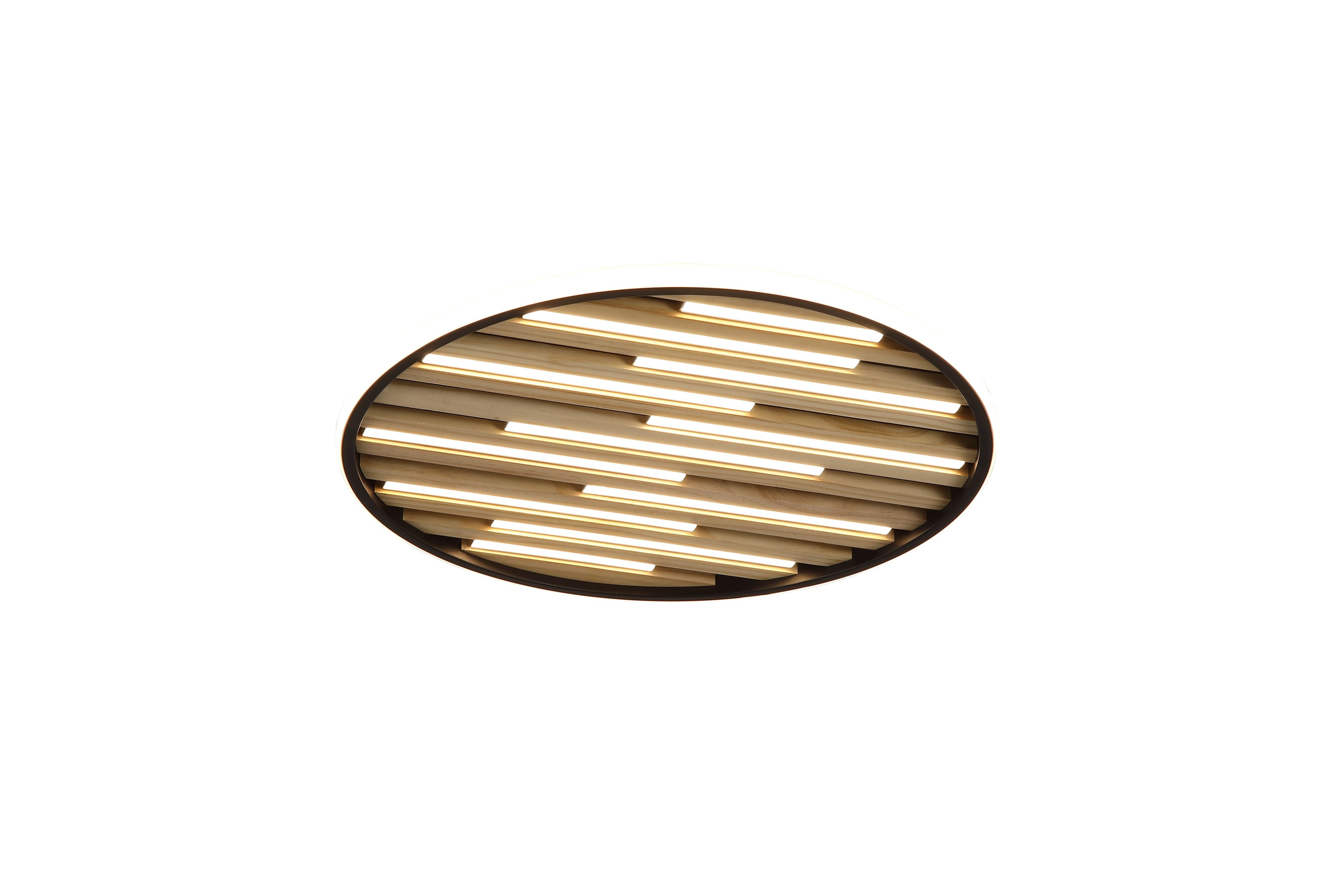 Searchlight Equalise LED flush ceiling light in matt black and wood effect finish, angled studio shot showing the staggered slat design lit from within