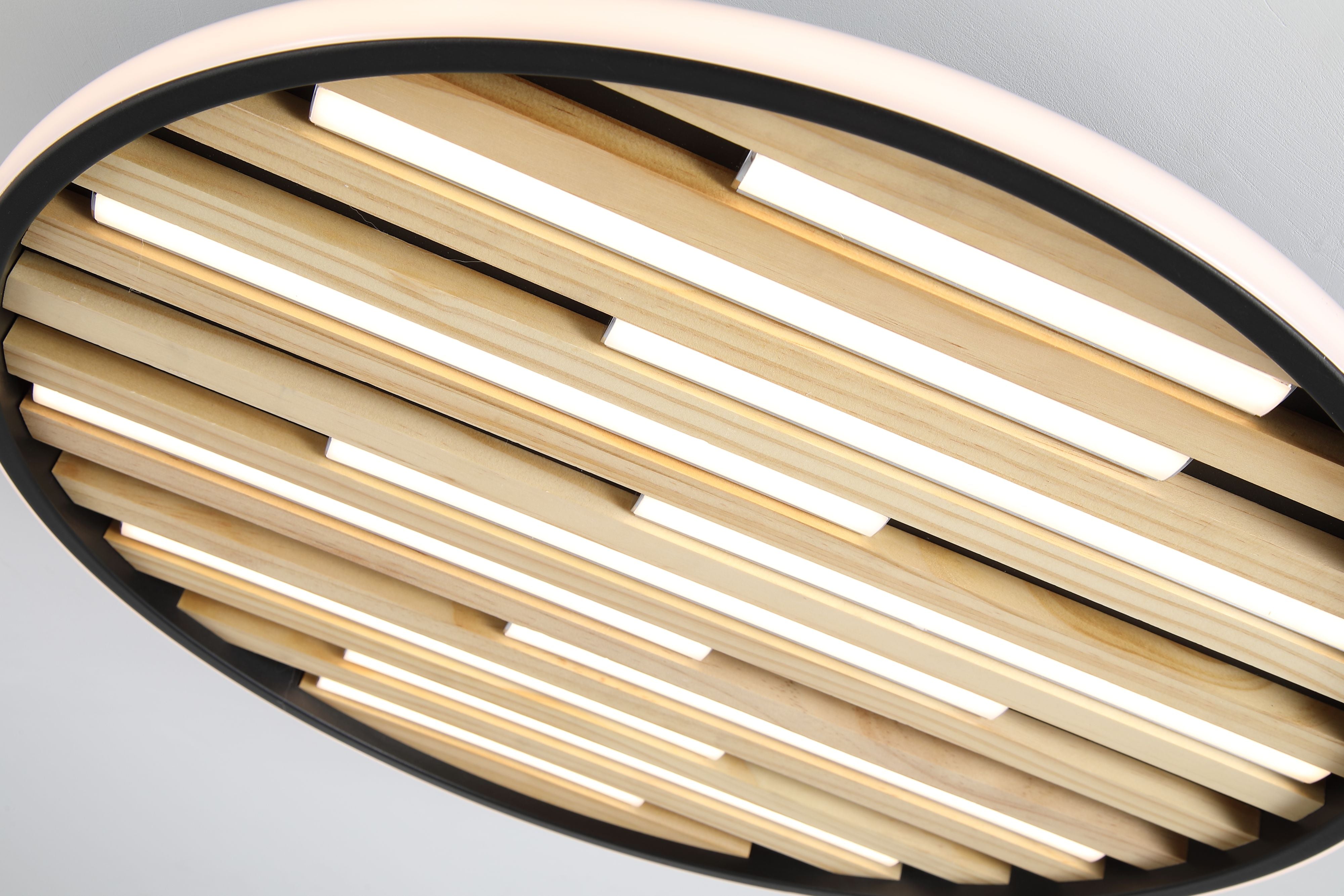 Close up of the Searchlight Equalise LED flush light showing the staggered wood effect slats and slim integrated LED strips glowing between them