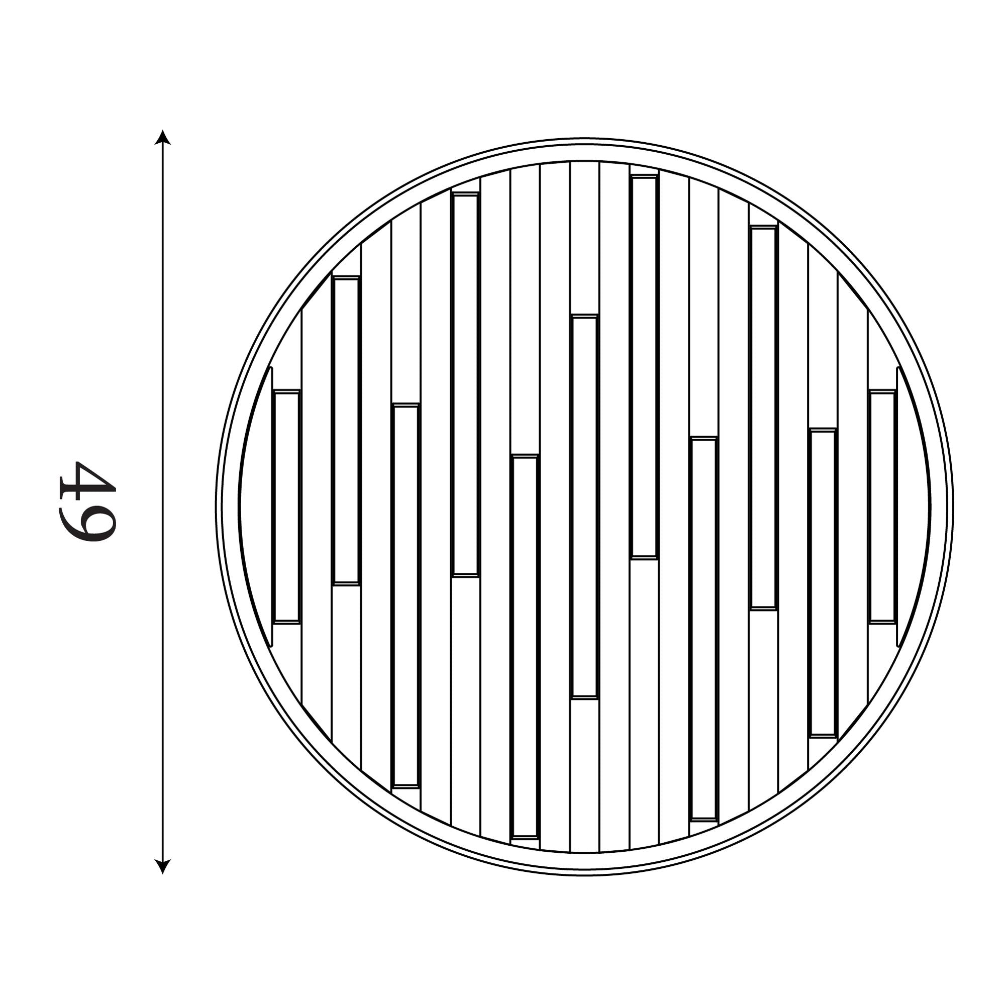 Technical line drawing of the Searchlight Equalise LED flush ceiling light showing a 49cm diameter oval frame with staggered slats
