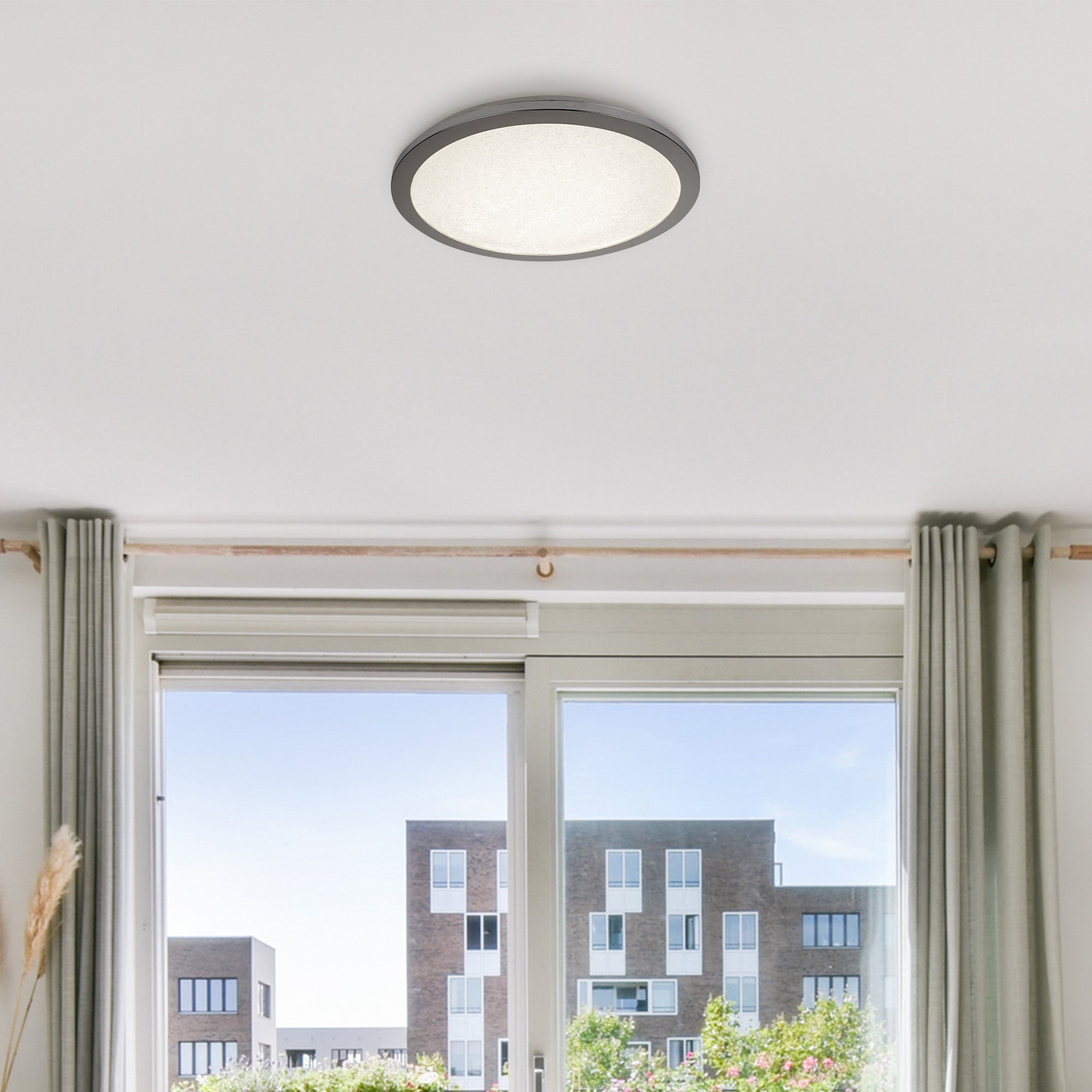 Searchlight LED Flush Ceiling Light, Diameter 40cm, Chrome And Crystal Sand, IP44