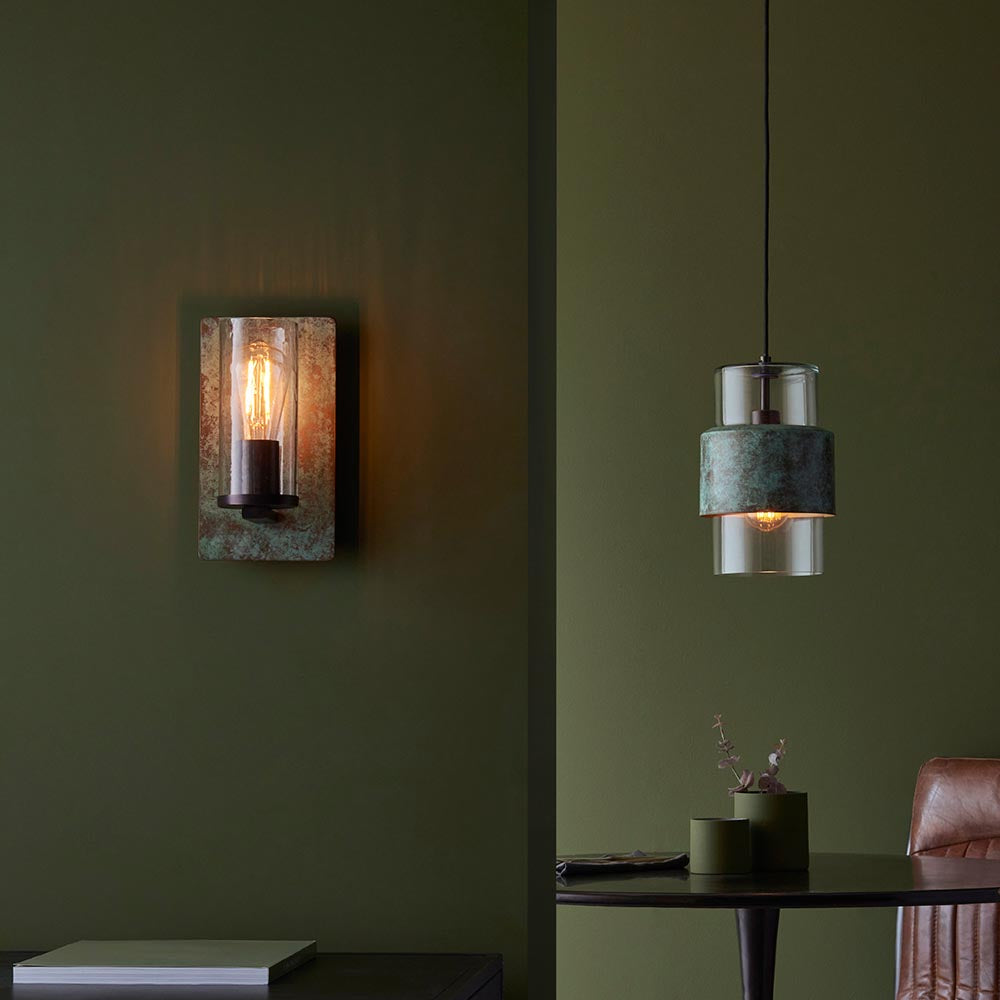 Utopia Swirl Single Wall Light - Verdigris Bronze Plate & Clear Glass