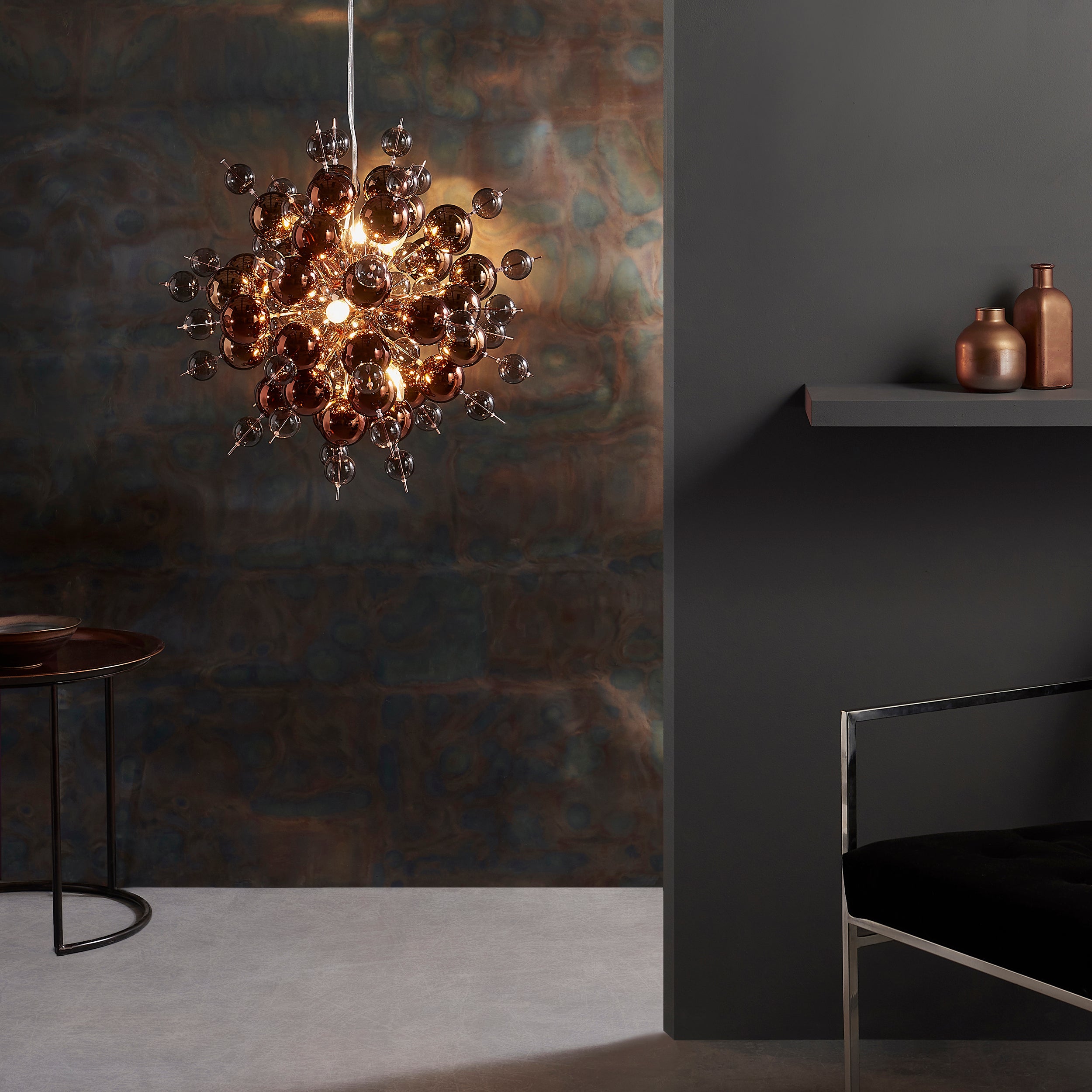 Endon Bubble 9 Light Pendant Chandelier - Copper With Copper Mirror And Tinted Glass - 63cm Diameter