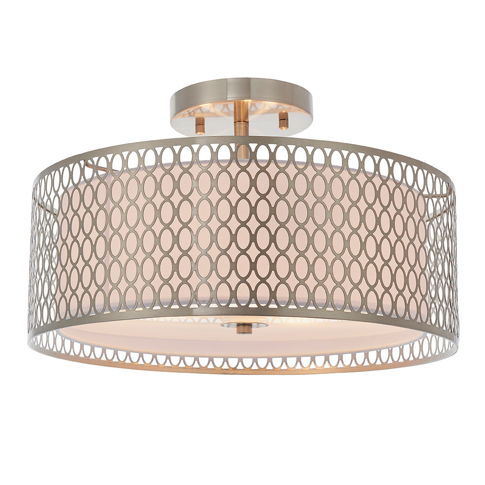 Endon Cordero 3 Light Flush Fitting - Satin Nickel Plate & White Fabric