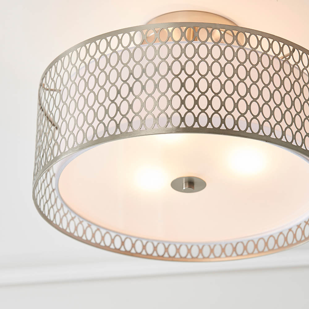 Endon Cordero 3 Light Flush Fitting - Satin Nickel Plate & White Fabric