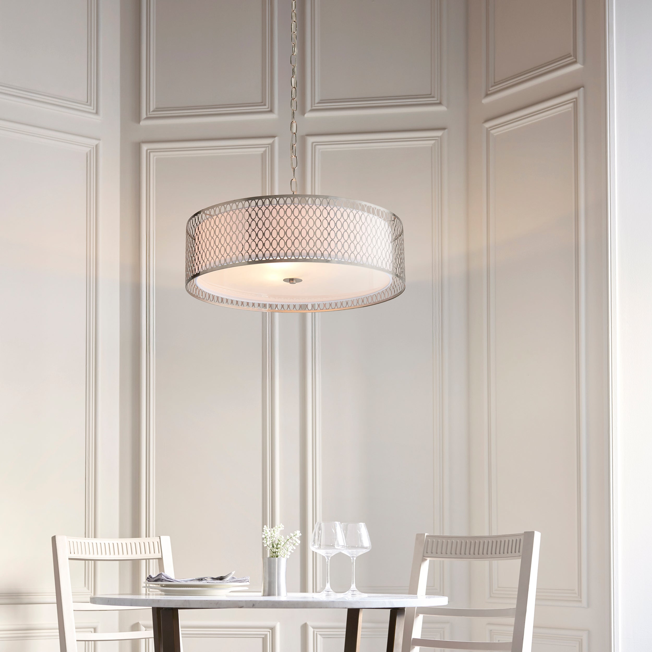 Endon Cordero 3 Light Pendant - Satin Nickel Plate & White Fabric