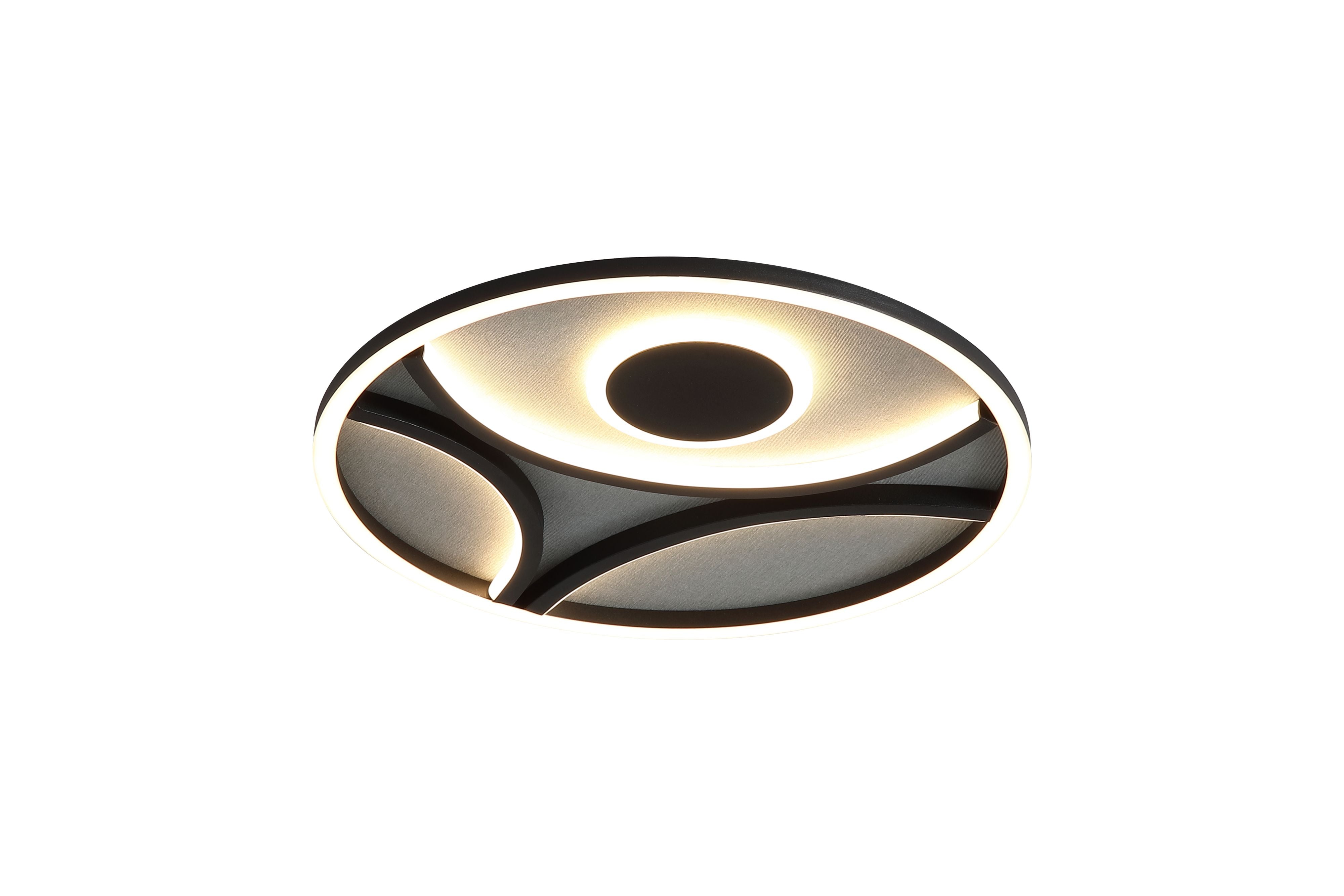 Searchlight Zendisc LED flush light in matt black, angled studio shot showing three curved illuminated arcs around a central disc