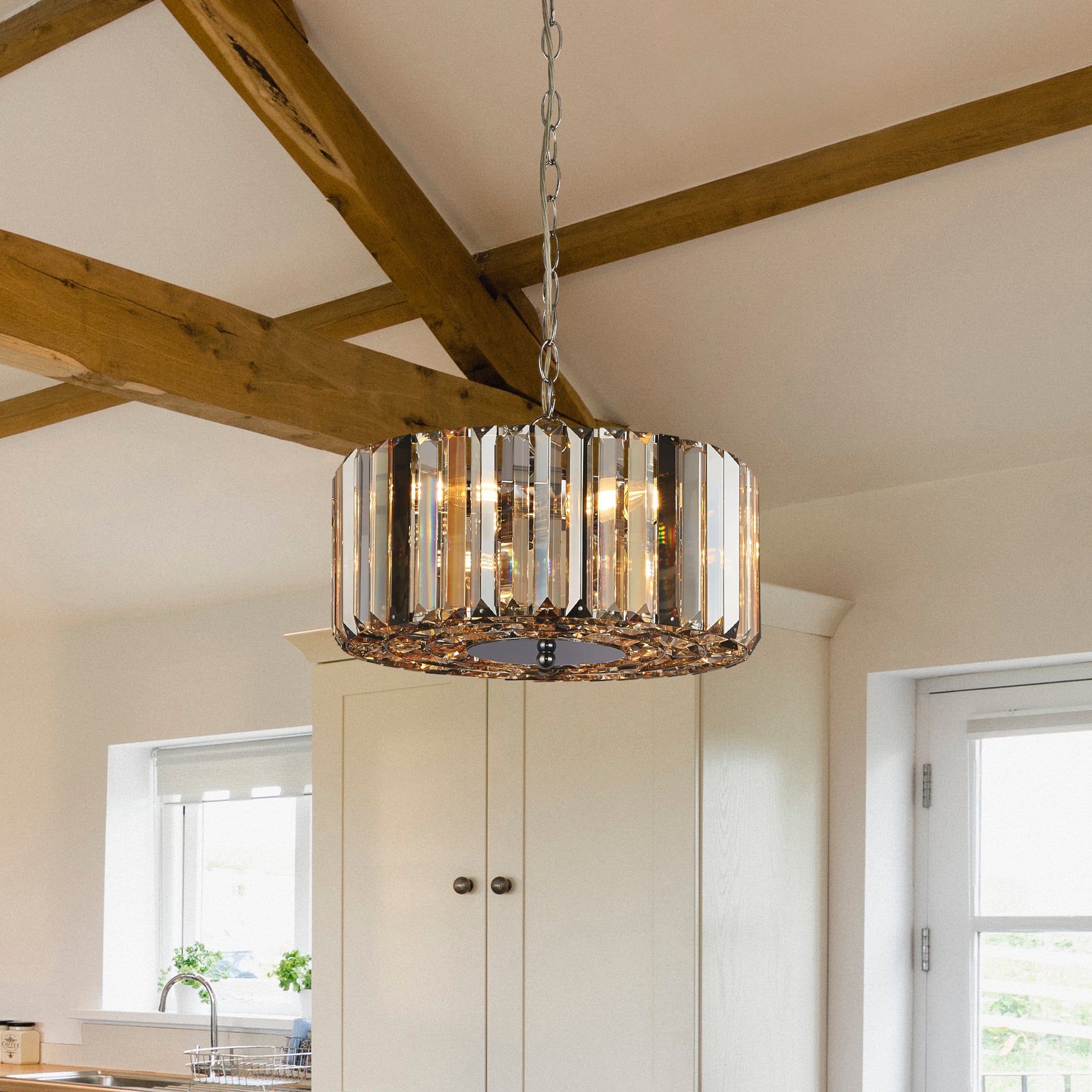 Searchlight Cameron 3 Light Pendant/Semi-Flush- Amber, Smoke & Clear Crystal