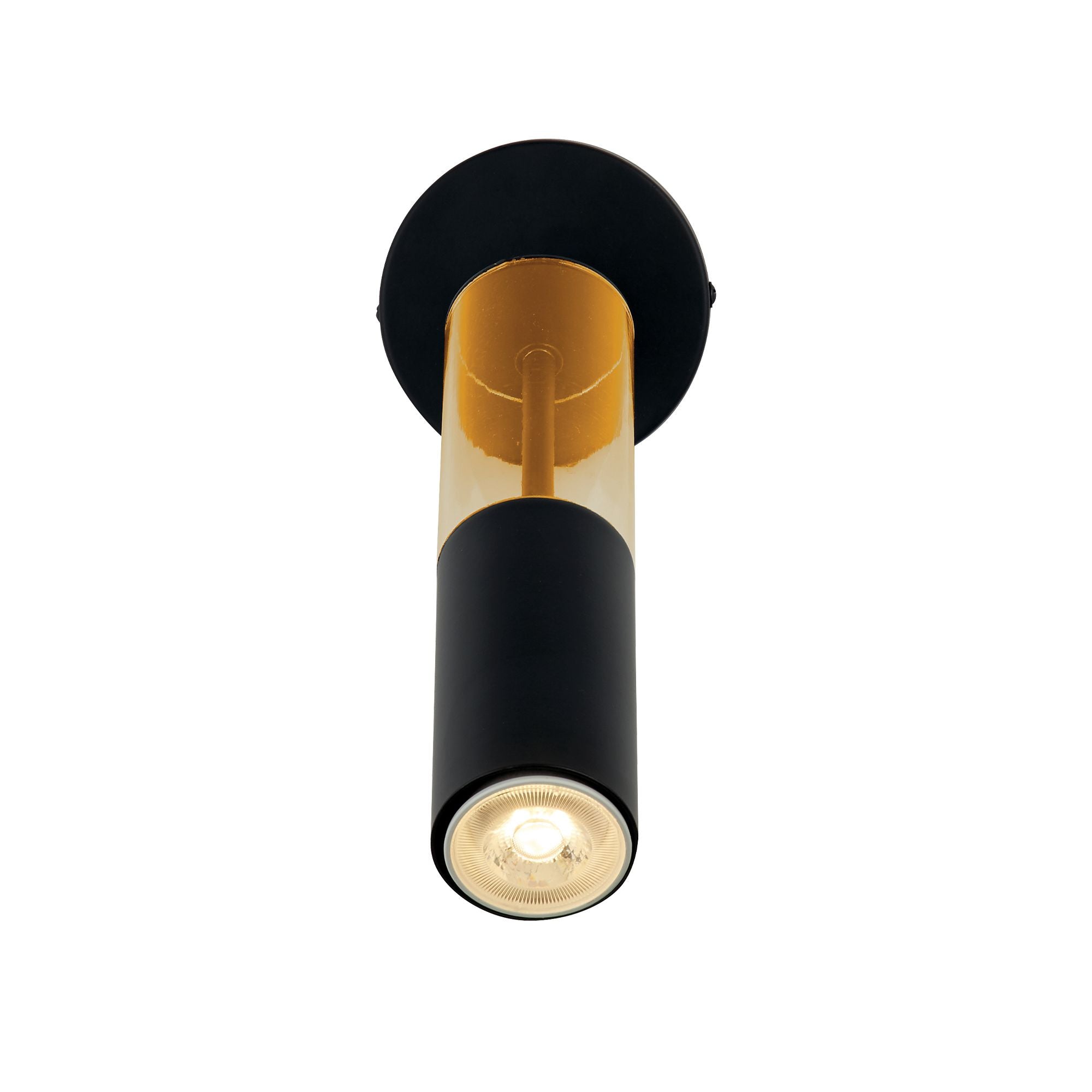 Searchlight Merrygold wall light in black with amber acrylic, front on studio shot with the GU10 spotlight lit