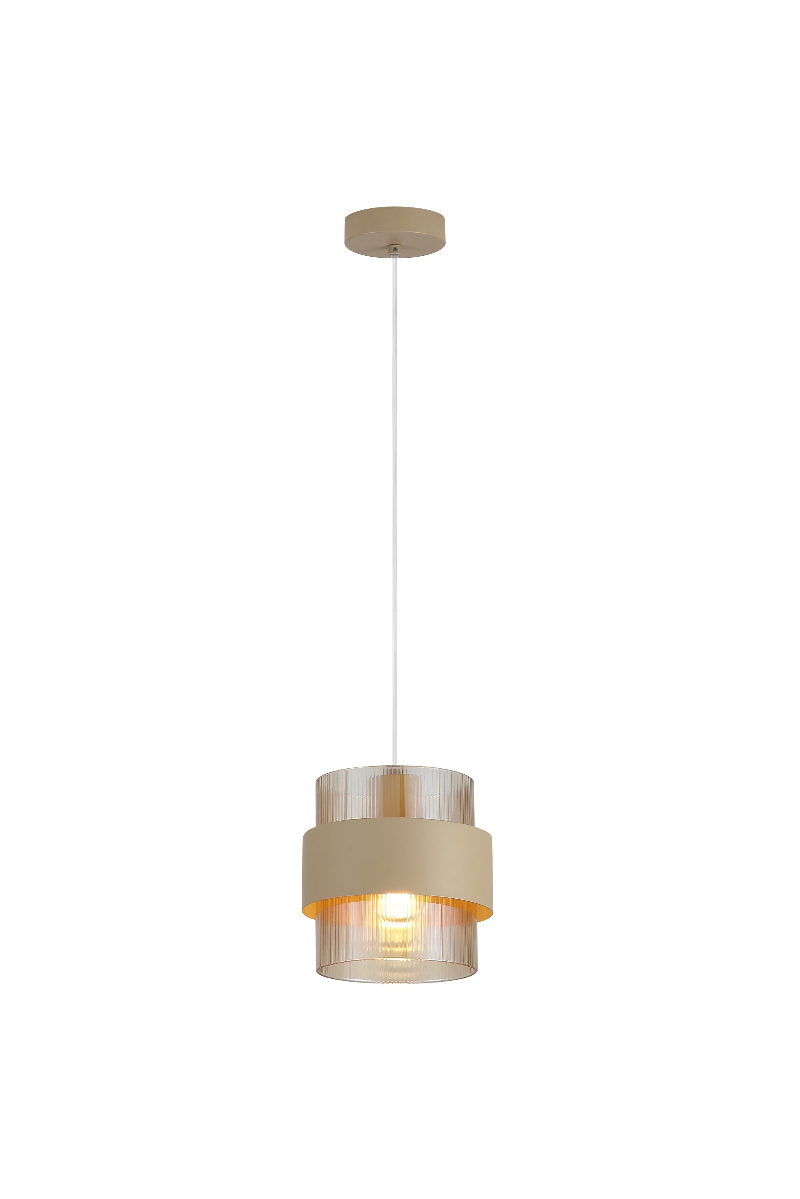 Searchlight Royal Pendant in sand metal and amber ribbed glass, hanging studio shot unlit