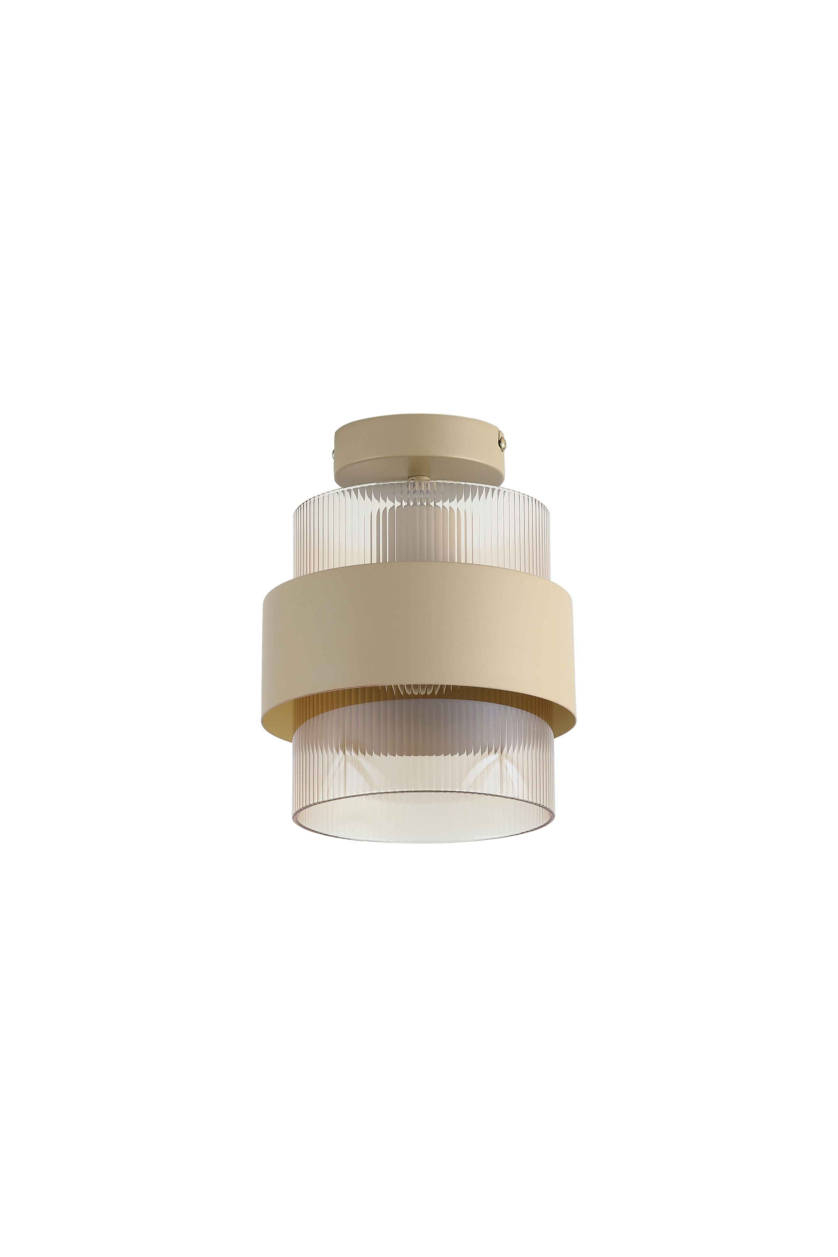 Searchlight Royal Pendant in sand metal and amber ribbed glass, straight on studio shot lit showing the two tier ribbed glass shade