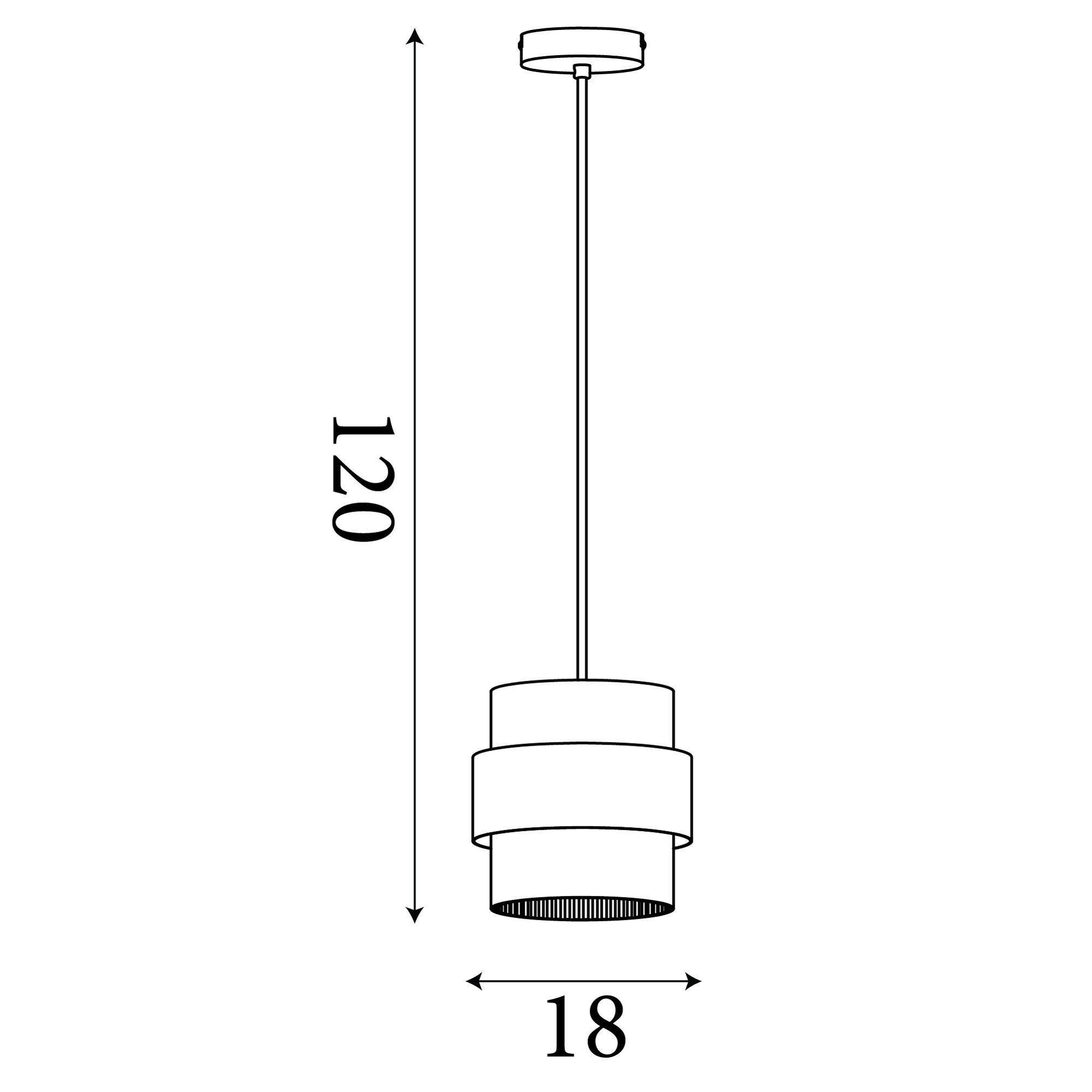 Technical line drawing of the Searchlight Royal Pendant showing 120cm maximum drop and 18cm shade width
