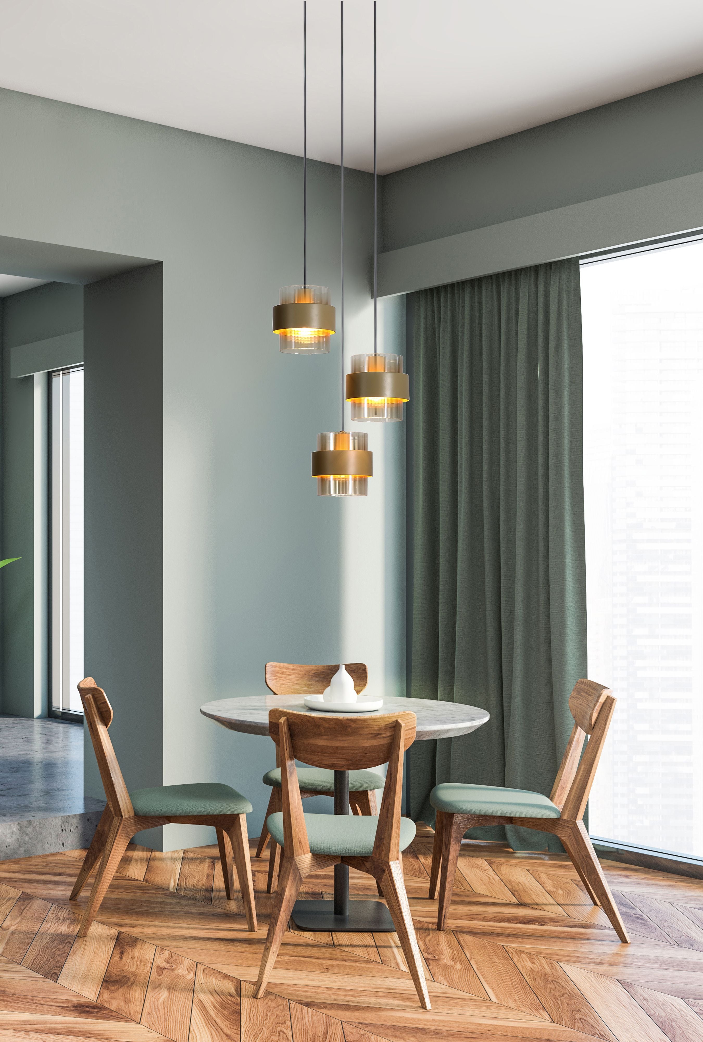 Searchlight Royal 3 Light Multi Drop Pendant styled above a round dining table with wooden chairs