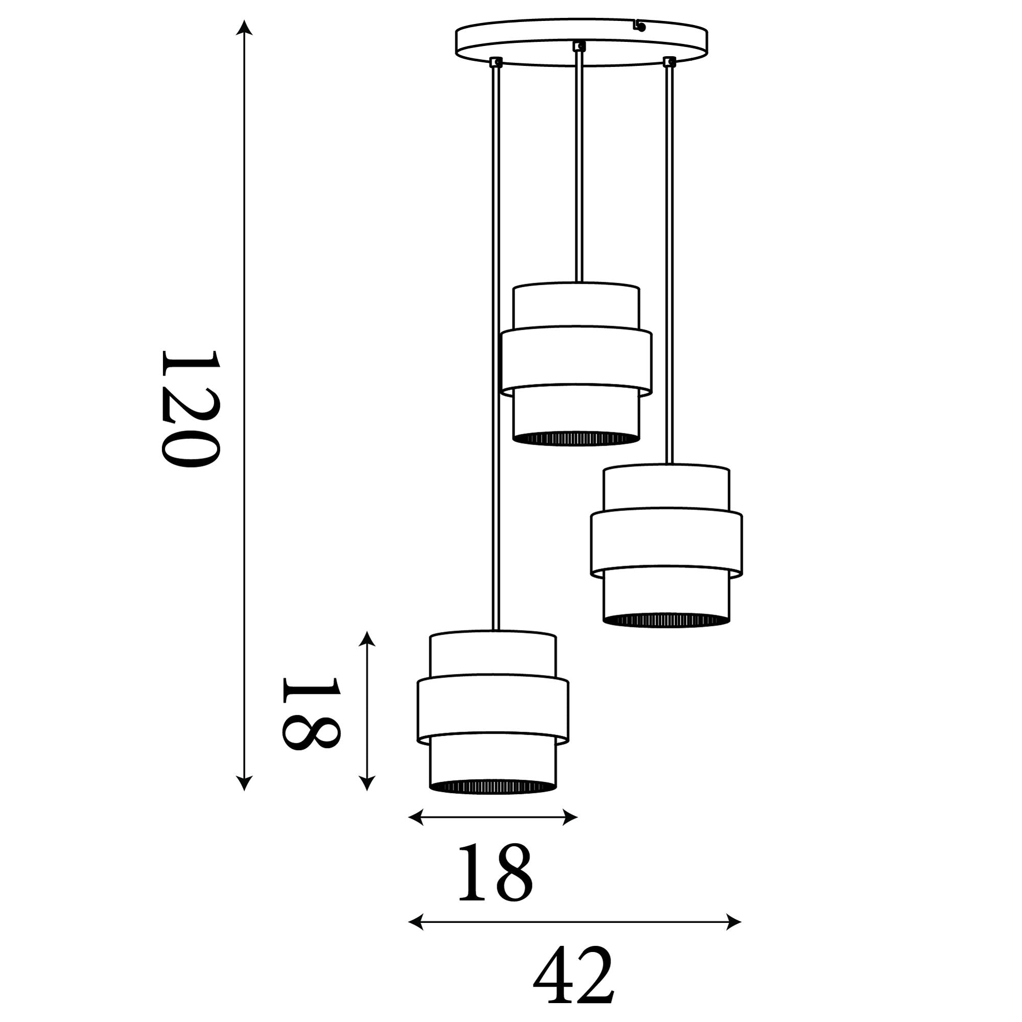 Technical line drawing of the Searchlight Royal 3 Light Multi Drop Pendant showing 120cm drop, 42cm spread and 18cm shade width