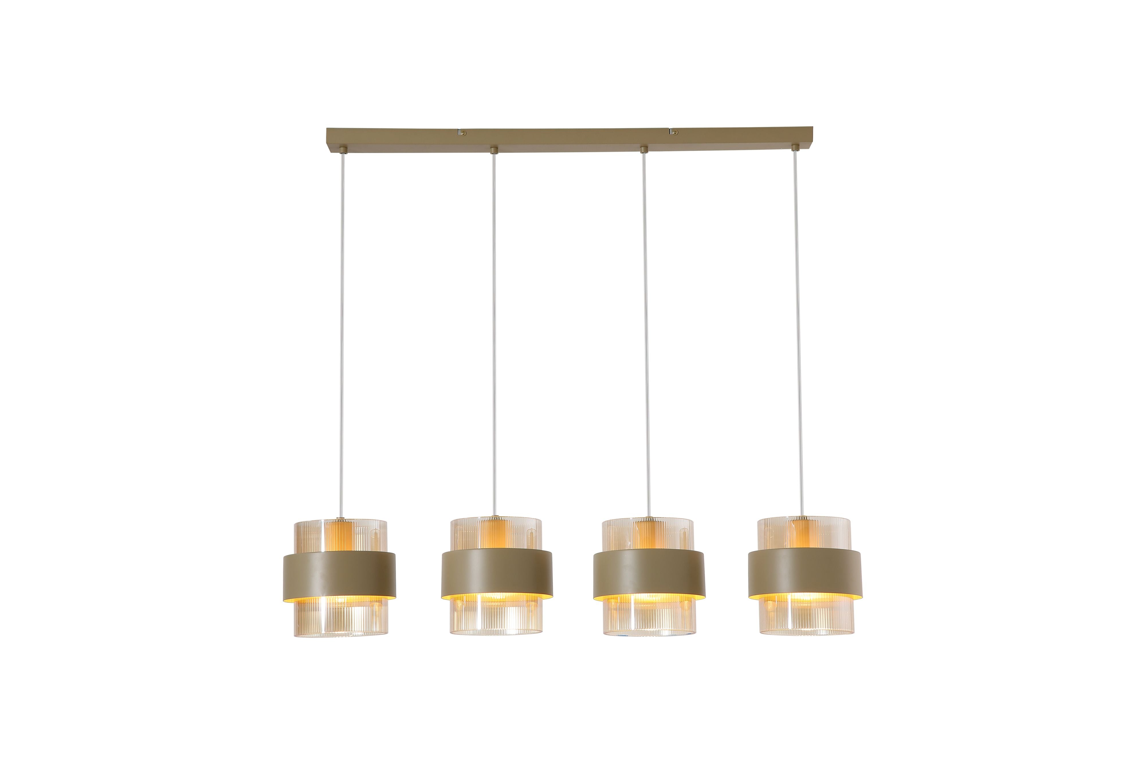Searchlight Royal 4 Light Bar Pendant in sand metal and amber ribbed glass, studio shot with four evenly spaced drops, unlit