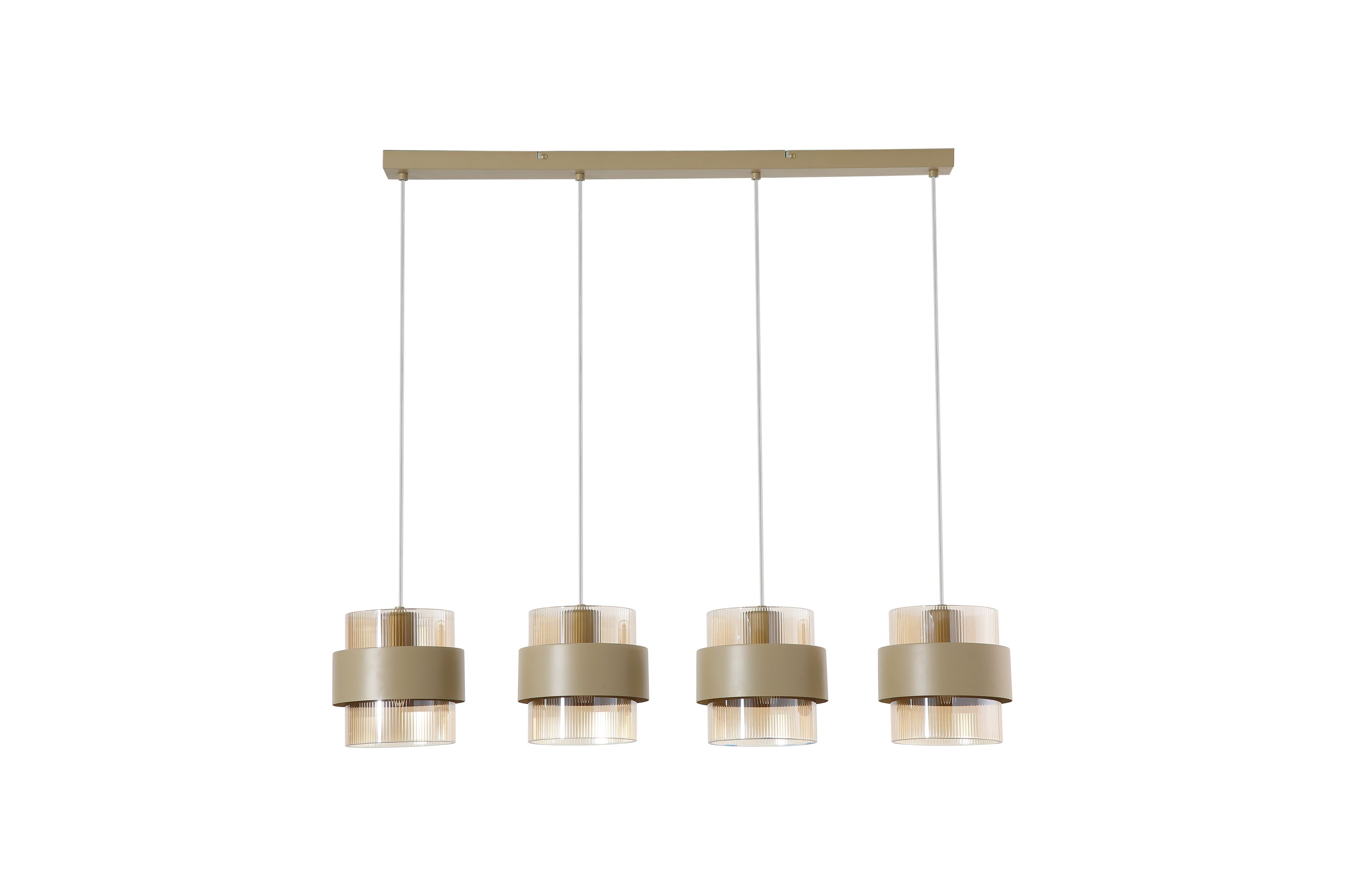 Searchlight Royal 4 Light Bar Pendant, straight on studio shot showing the linear bar and four ribbed glass shades lit