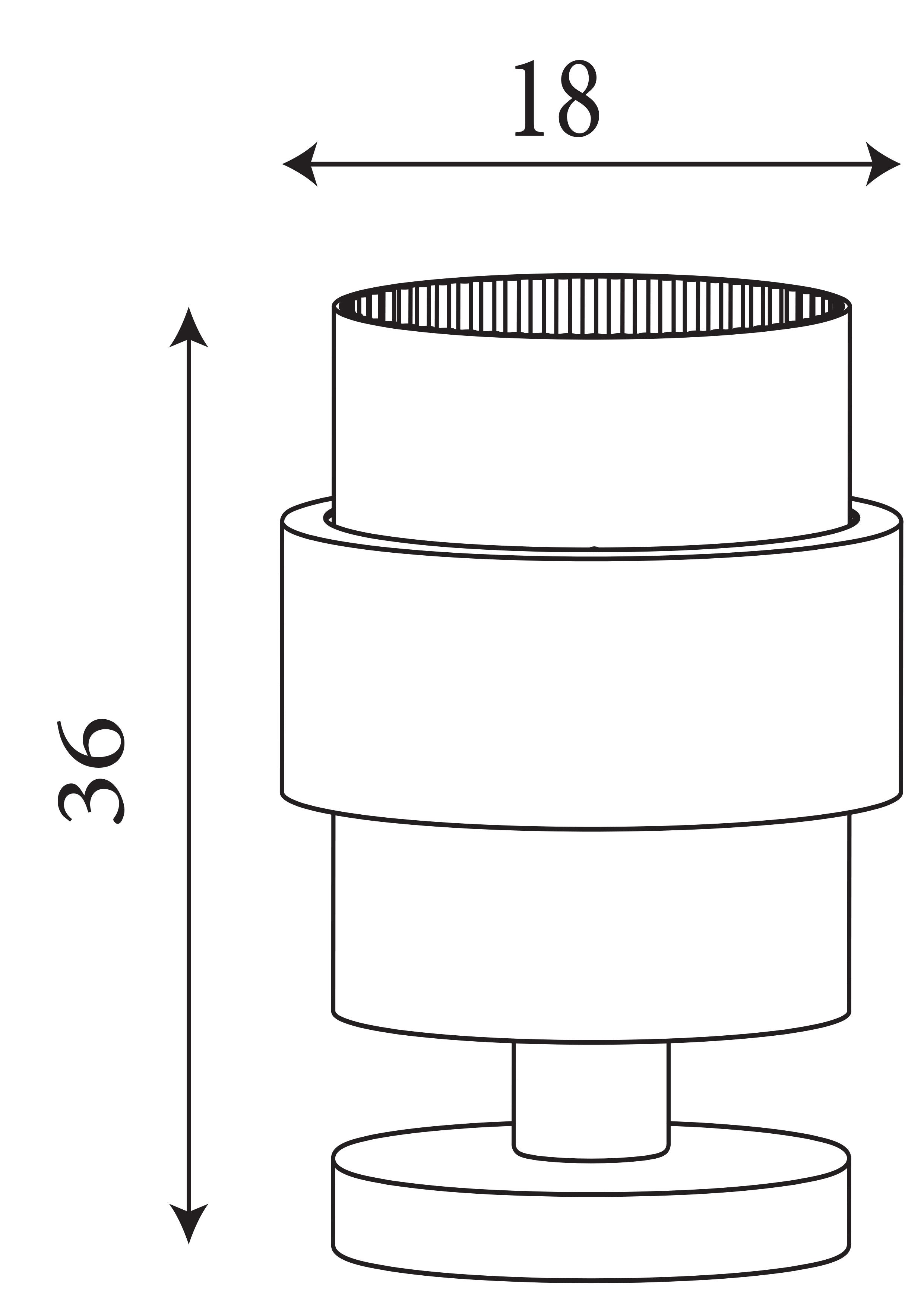 Technical line drawing of the Searchlight Royal Table Lamp showing 36cm height and 18cm width