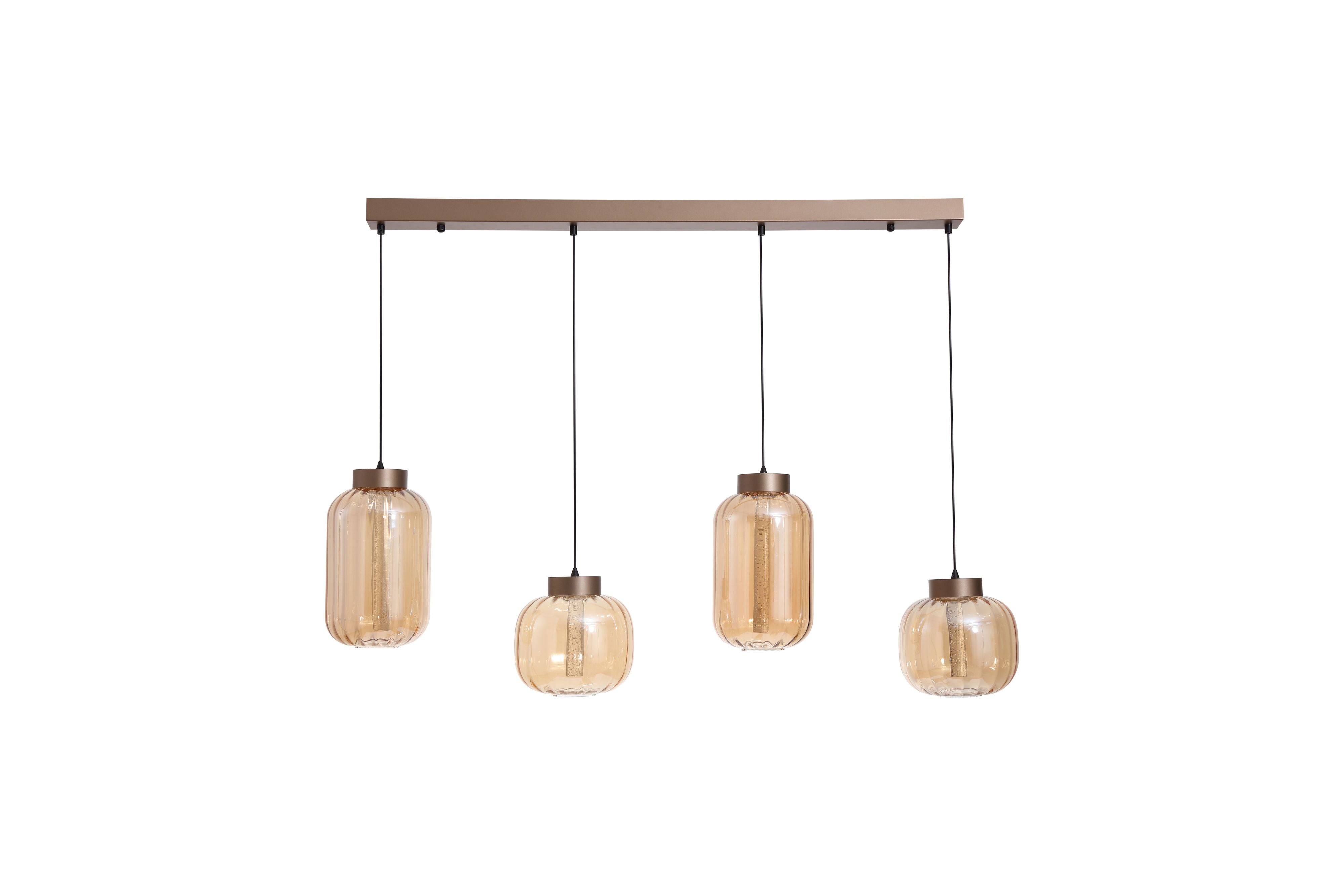 Searchlight Lille 4 Light LED Pendant, front on studio view of the four ribbed amber glass shades illuminated, latte bronze fittings visible
