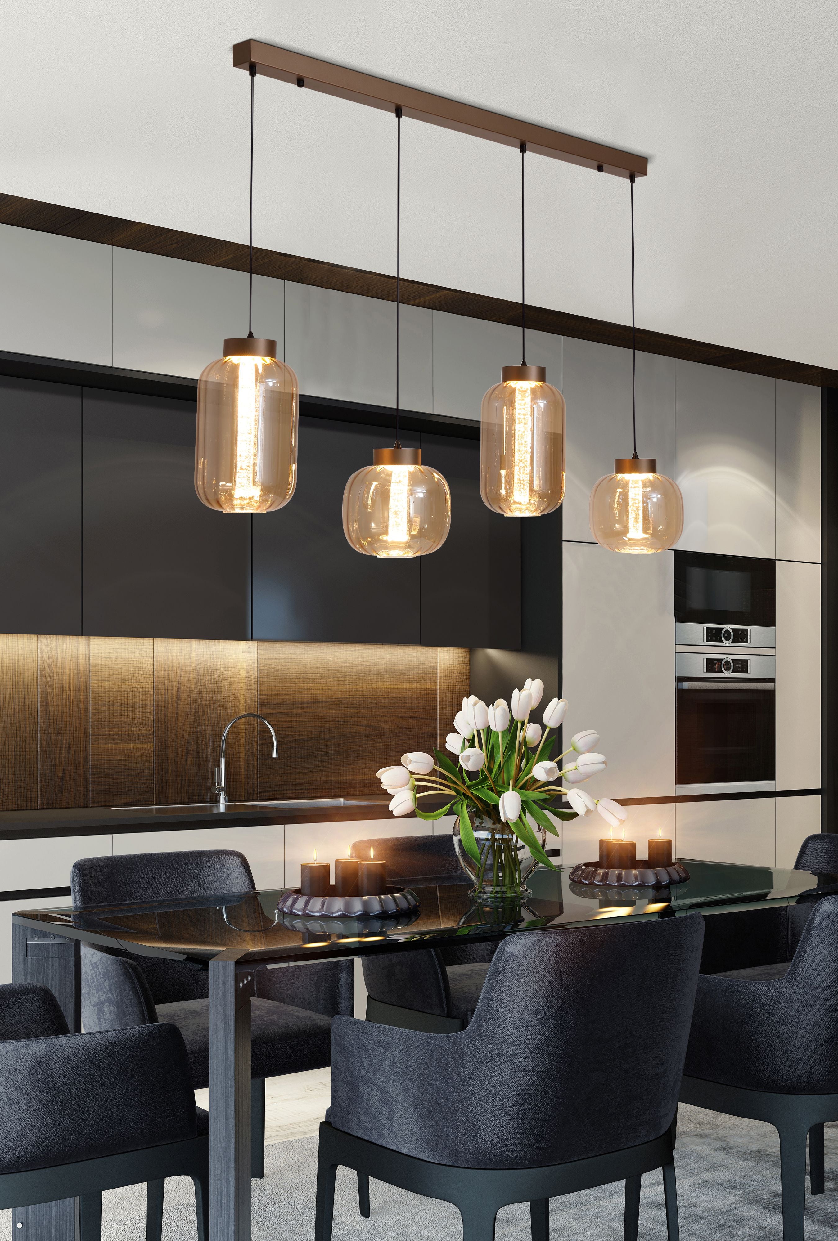 Searchlight Lille 4 Light LED Pendant styled above a dining table in a dark modern kitchen, with tulips and candles on the table below