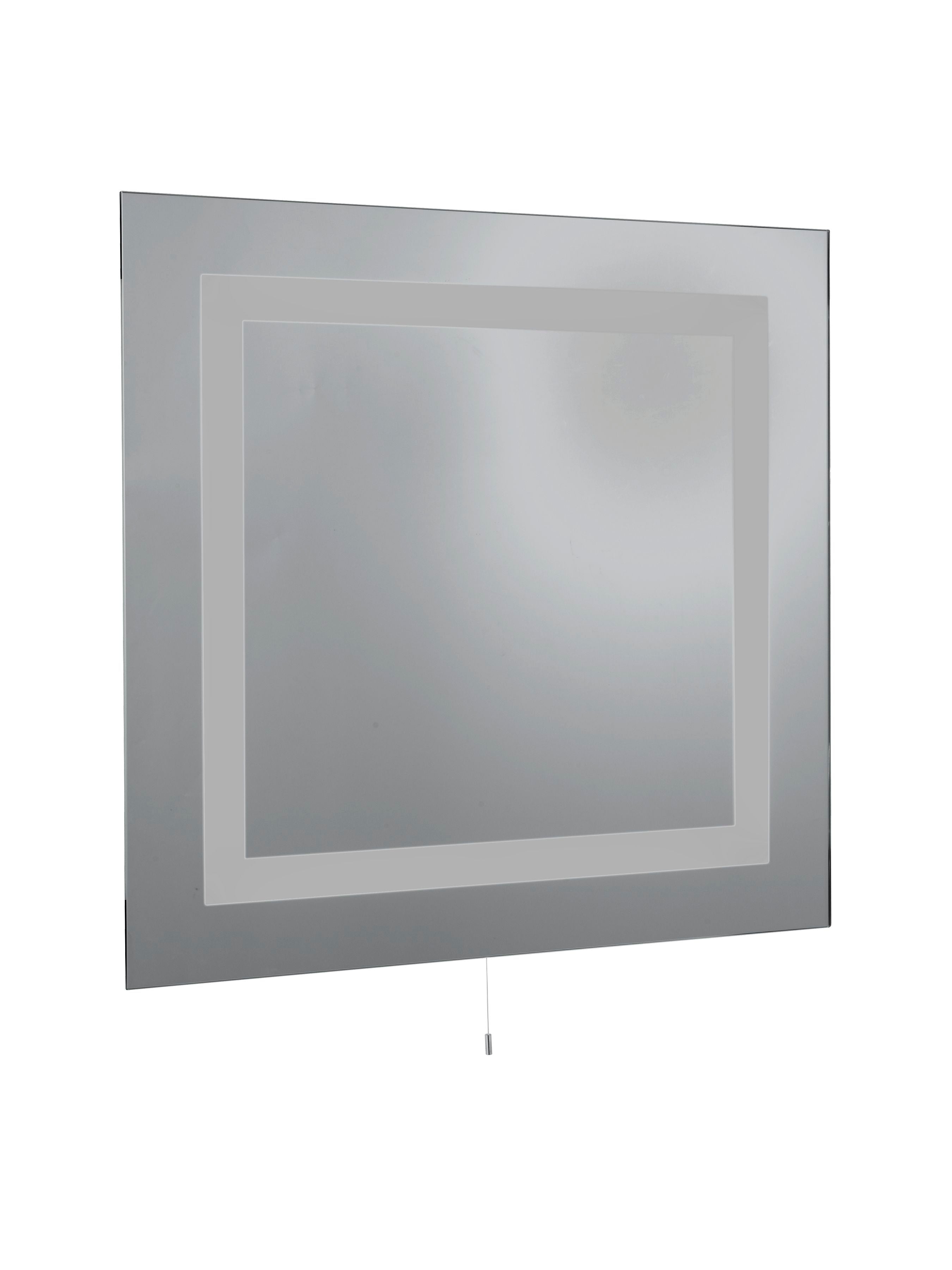 Searchlight rectangular mirror shown unlit, angled studio shot showing the frameless mirrored glass and inset frosted border