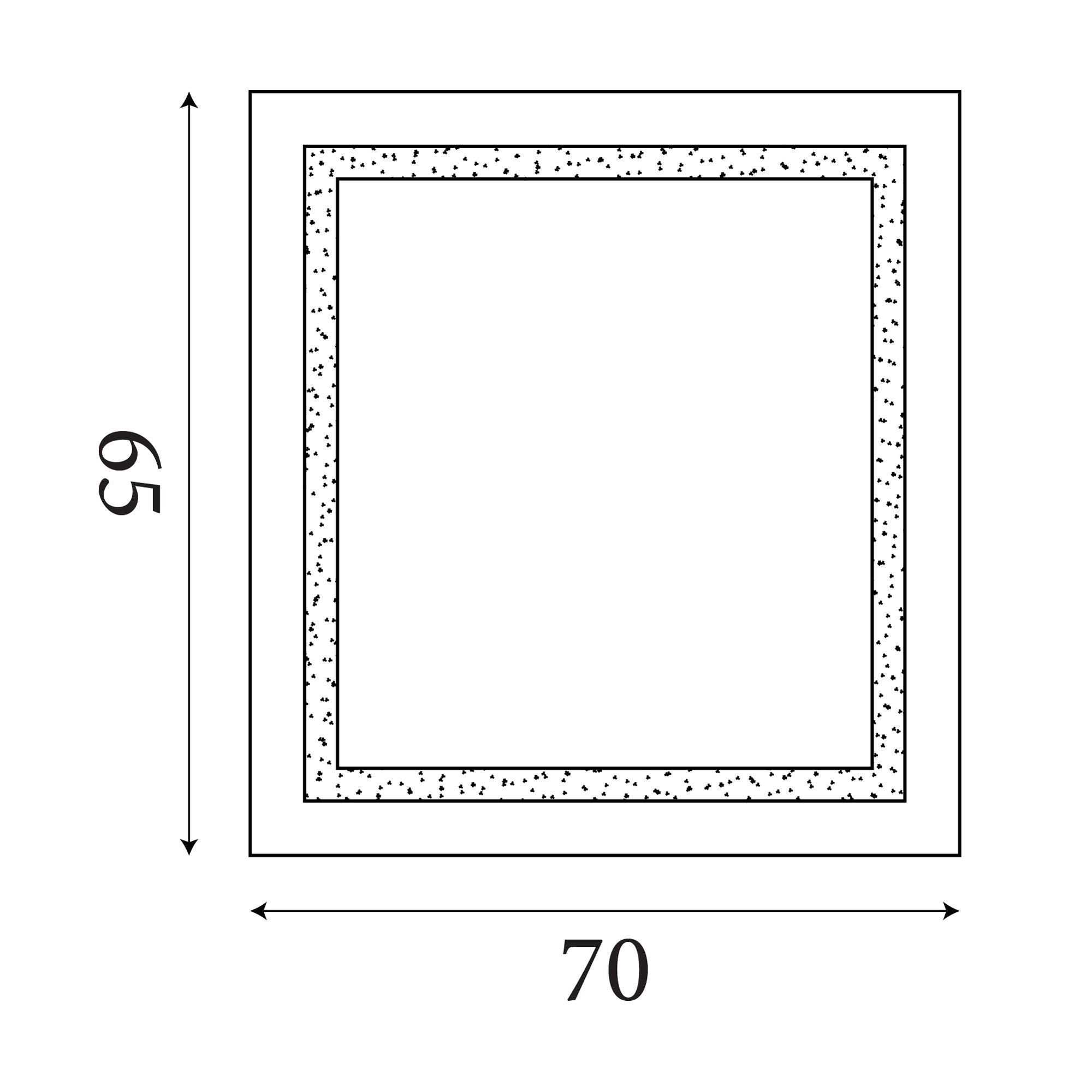 Line drawing of the Searchlight rectangular mirror showing 70cm width and 65cm height, with the lit border and pull cord position marked