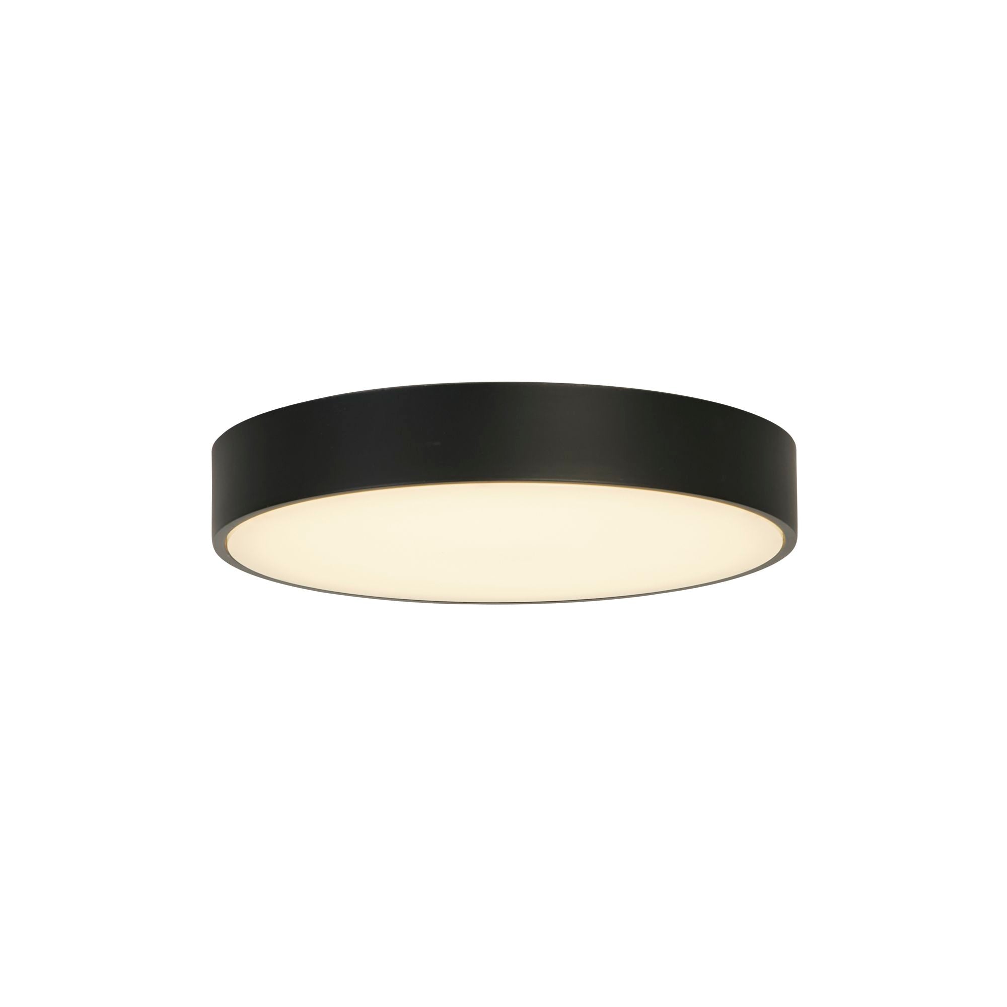 Searchlight Palma LED flush ceiling light in black with a white diffuser, angled studio shot with the light on