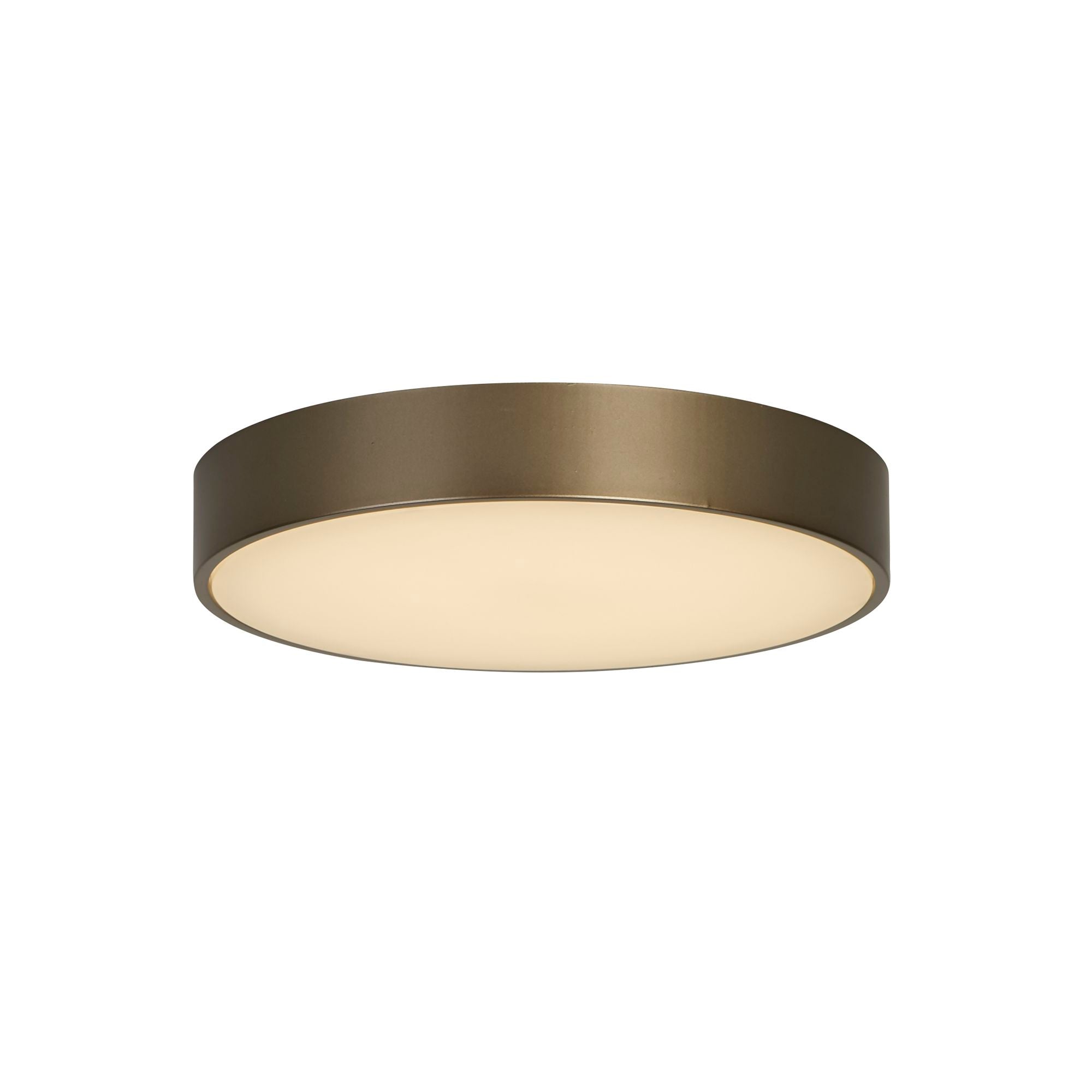 Searchlight Palma LED flush ceiling light in bronze with a white diffuser, angled studio shot with the light on