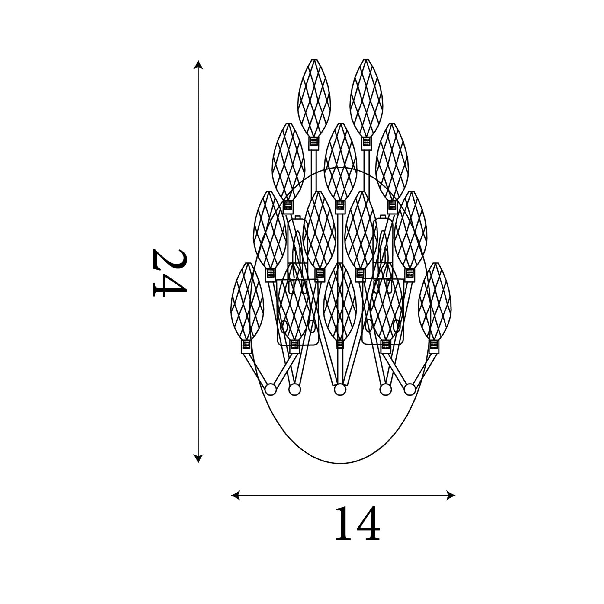 Technical line drawing of the Peacock 2 Light Wall Light showing a height of 24cm and width of 14cm